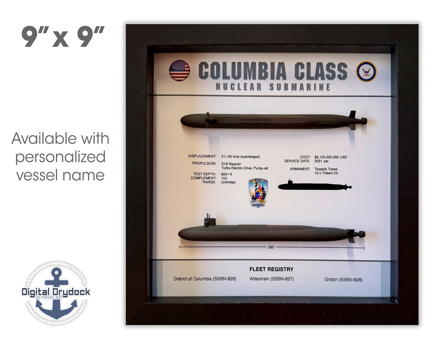 Columbia Class Submarine Memorial Display Shadow Box, 9" x 9", Large, Black