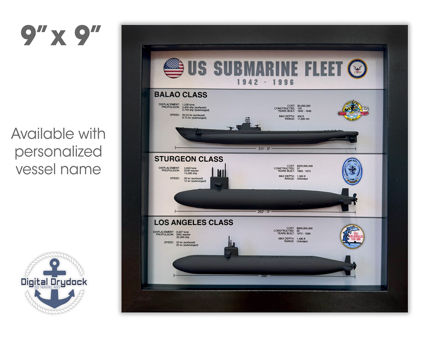 US Submarine Fleet Shadow Box Display, Balao, Sturgeon, Los Angeles, WW2, 9" x 9", Large