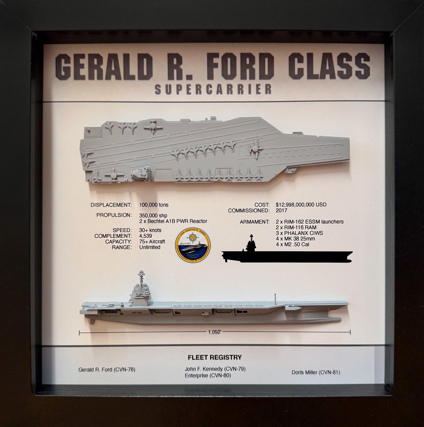 Gerald R Ford Class Display Shadow Box, CVN-78, 9" x 9", Black