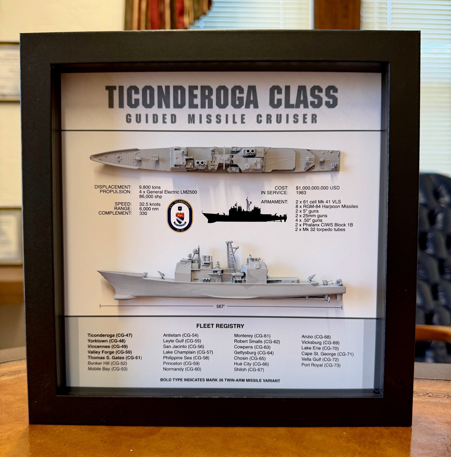 Ticonderoga Class Cruiser Memorial Display Shadow Box, 9" x 9", Black