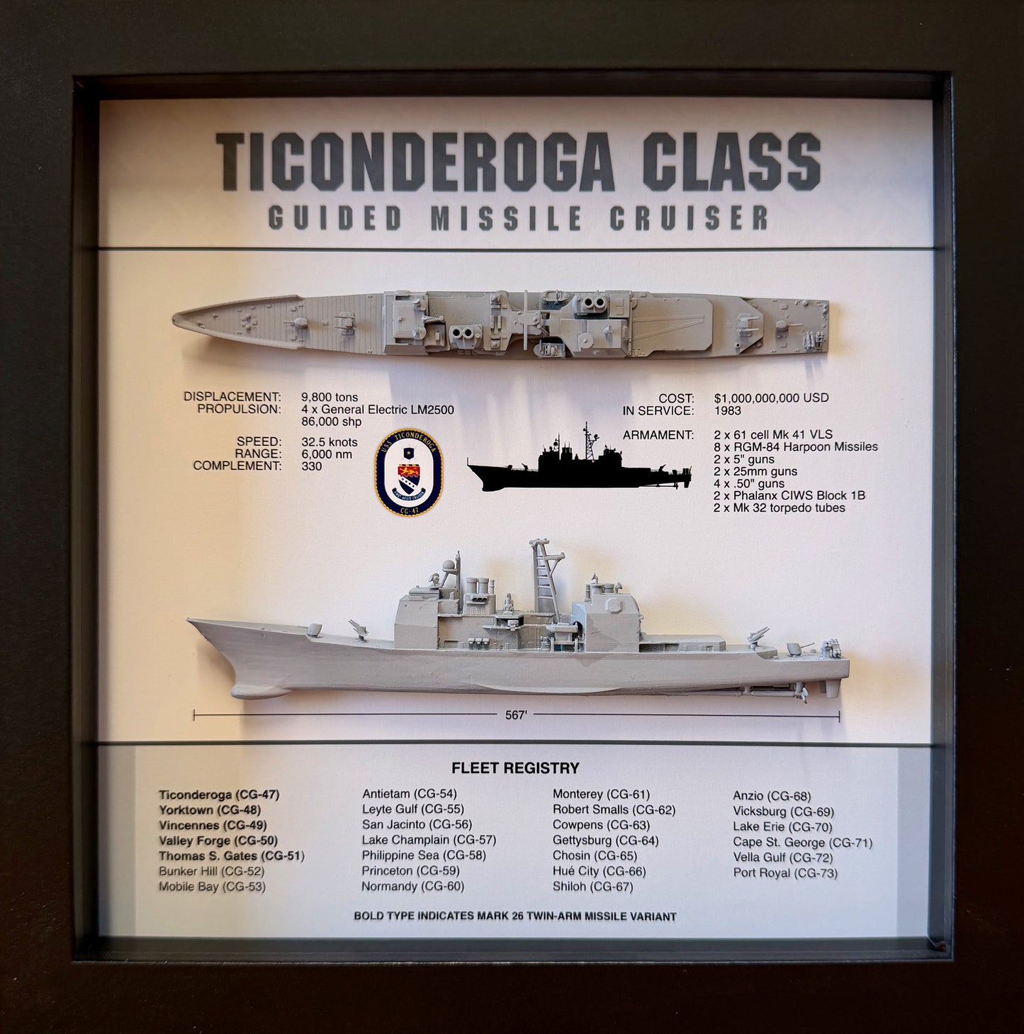 Ticonderoga Class Cruiser Memorial Display Shadow Box, 9" x 9", Black