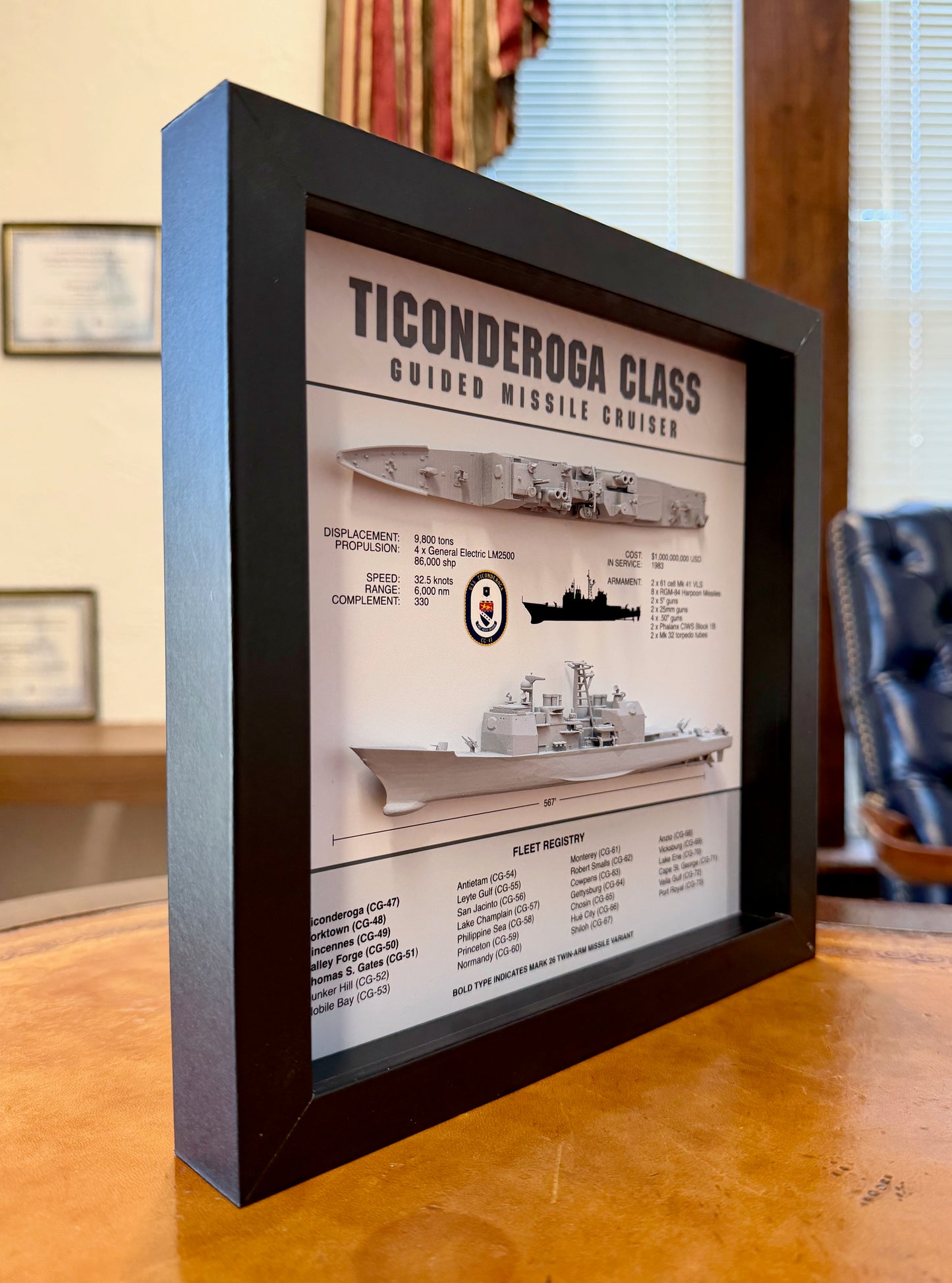 Ticonderoga Class Cruiser Memorial Display Shadow Box, 9" x 9", Black
