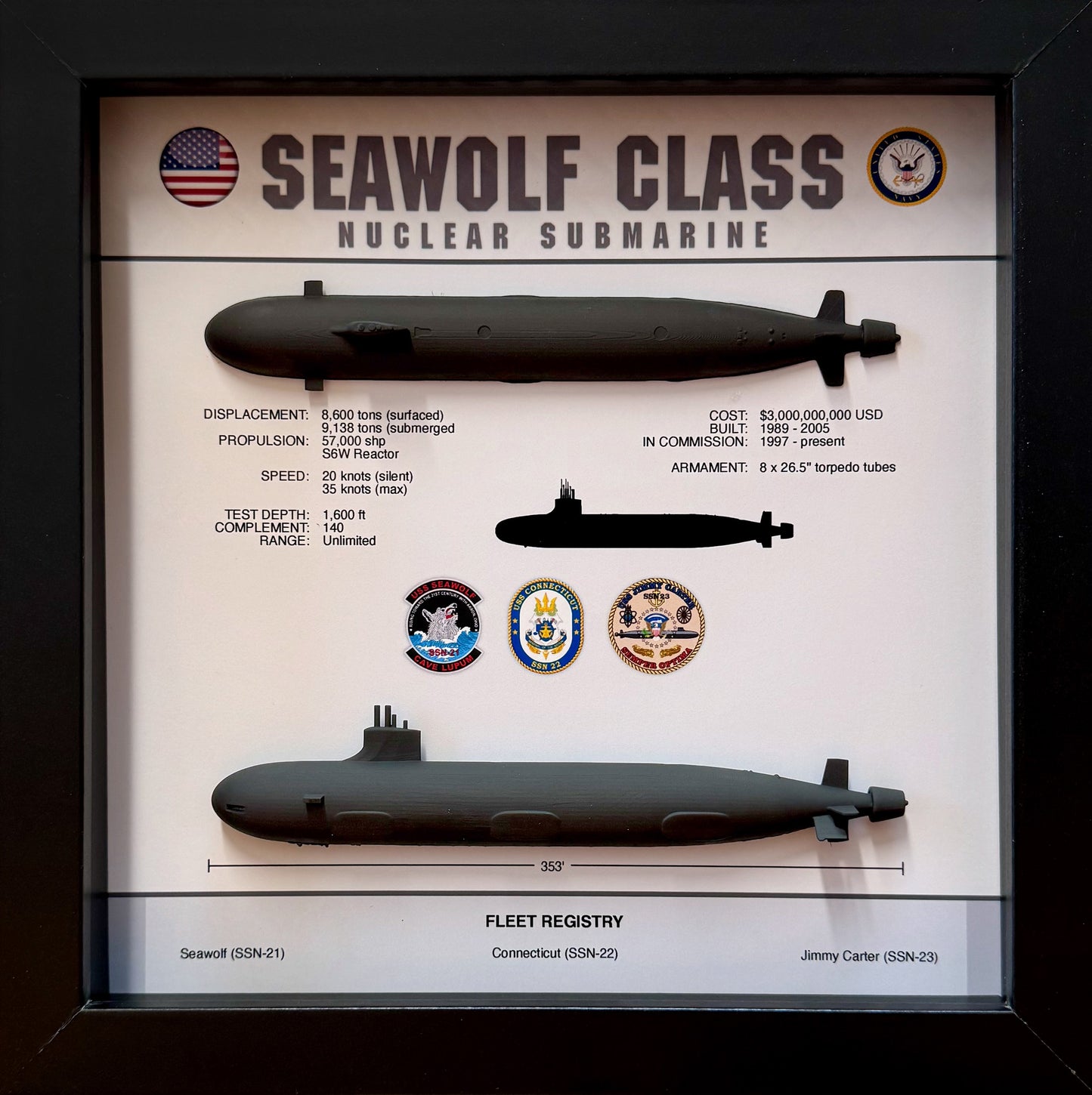 Seawolf Class Submarine Memorial Display Shadow Box, 9" x 9", Black