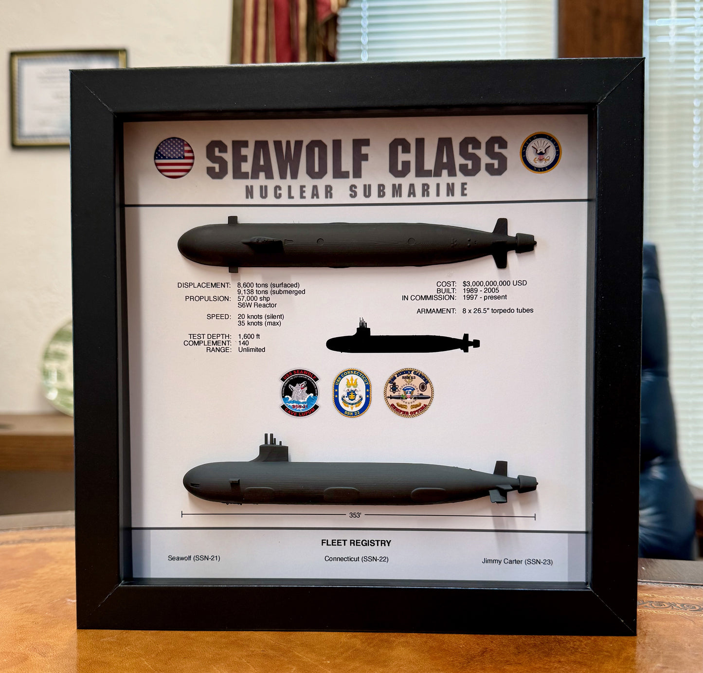 Seawolf Class Submarine Memorial Display Shadow Box, 9" x 9", Black