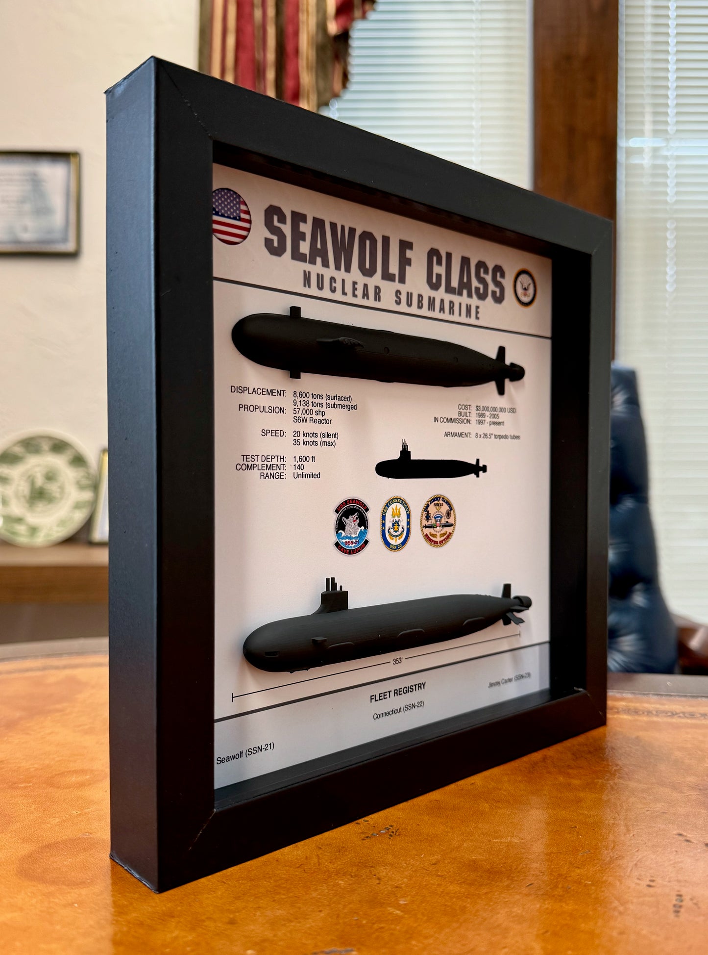 Seawolf Class Submarine Memorial Display Shadow Box, 9" x 9", Black