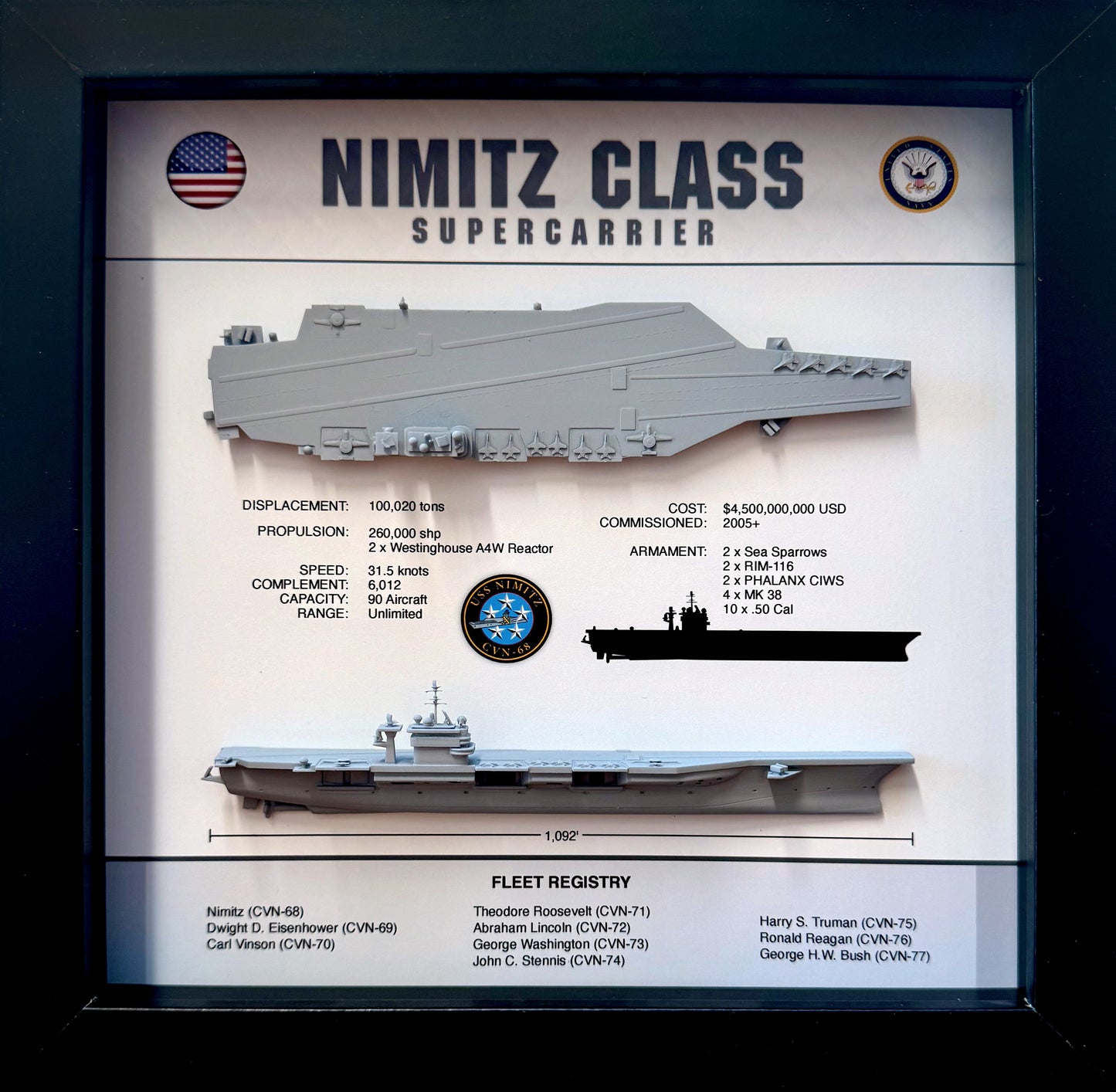 Nimitz Class Carrier Display Shadow Box, CVN-68, 9" x 9", Black