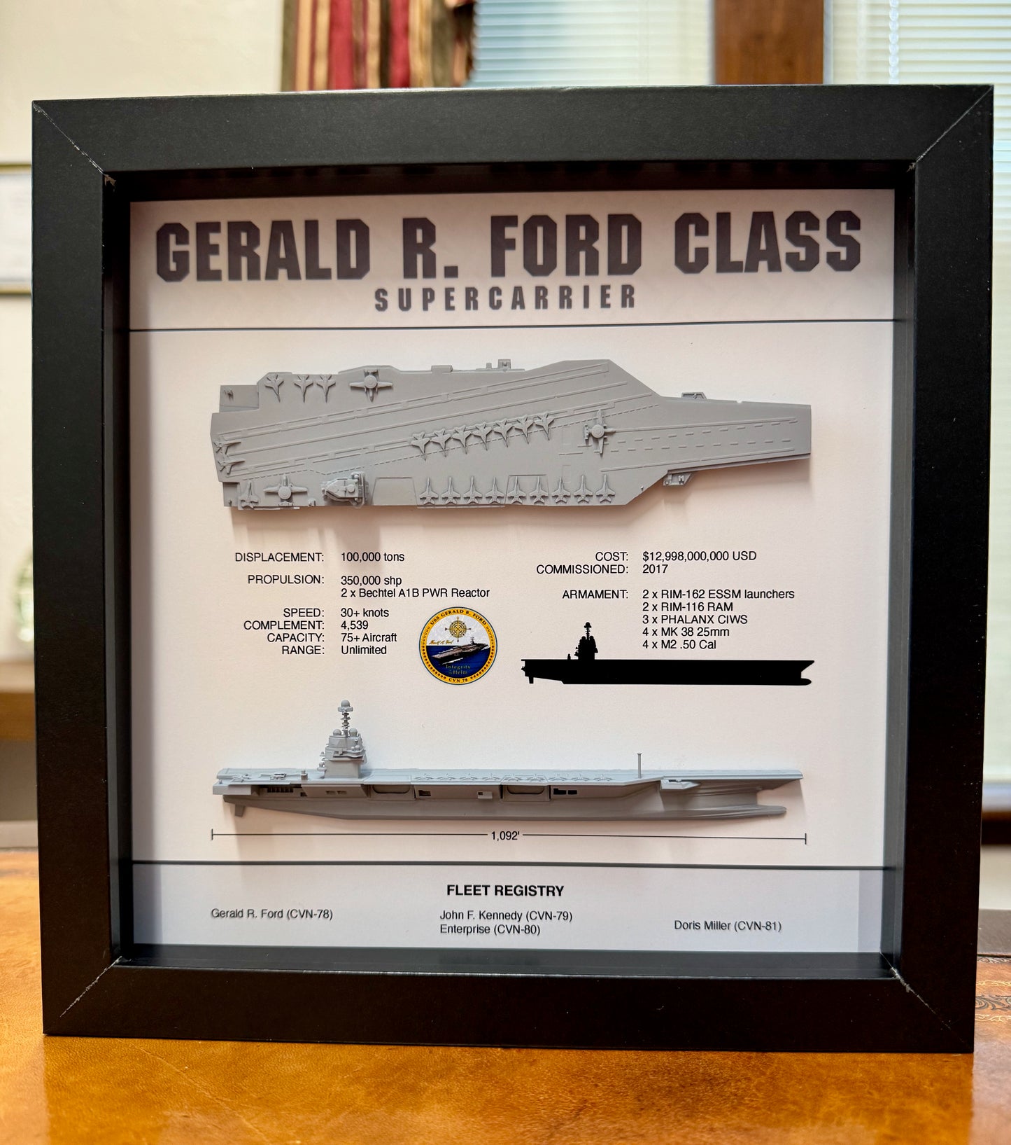 Gerald R Ford Class Display Shadow Box, CVN-78, 9" x 9", Black