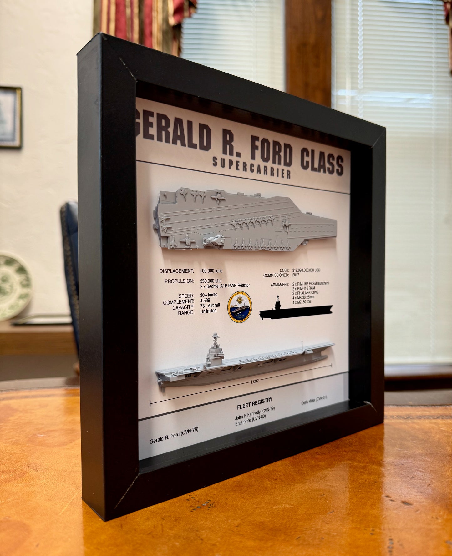 Gerald R Ford Class Display Shadow Box, CVN-78, 9" x 9", Black