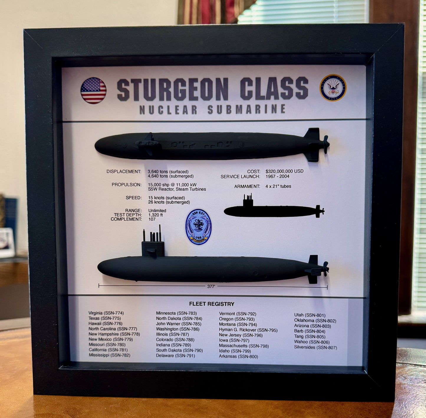 Sturgeon Class Submarine Memorial Display Shadow Box, 9" x 9", Large, Black
