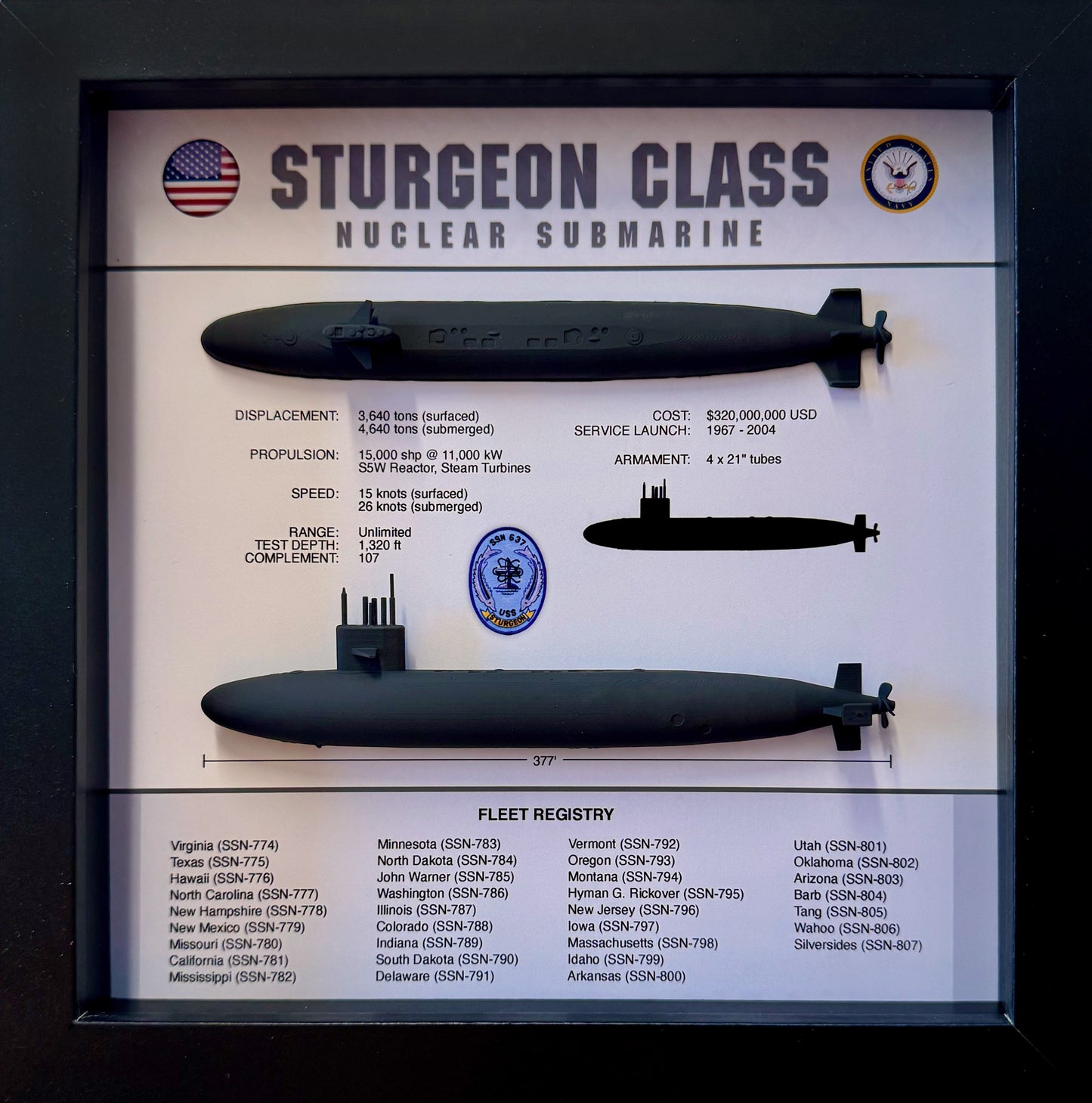 Sturgeon Class Submarine Memorial Display Shadow Box, 9" x 9", Large, Black