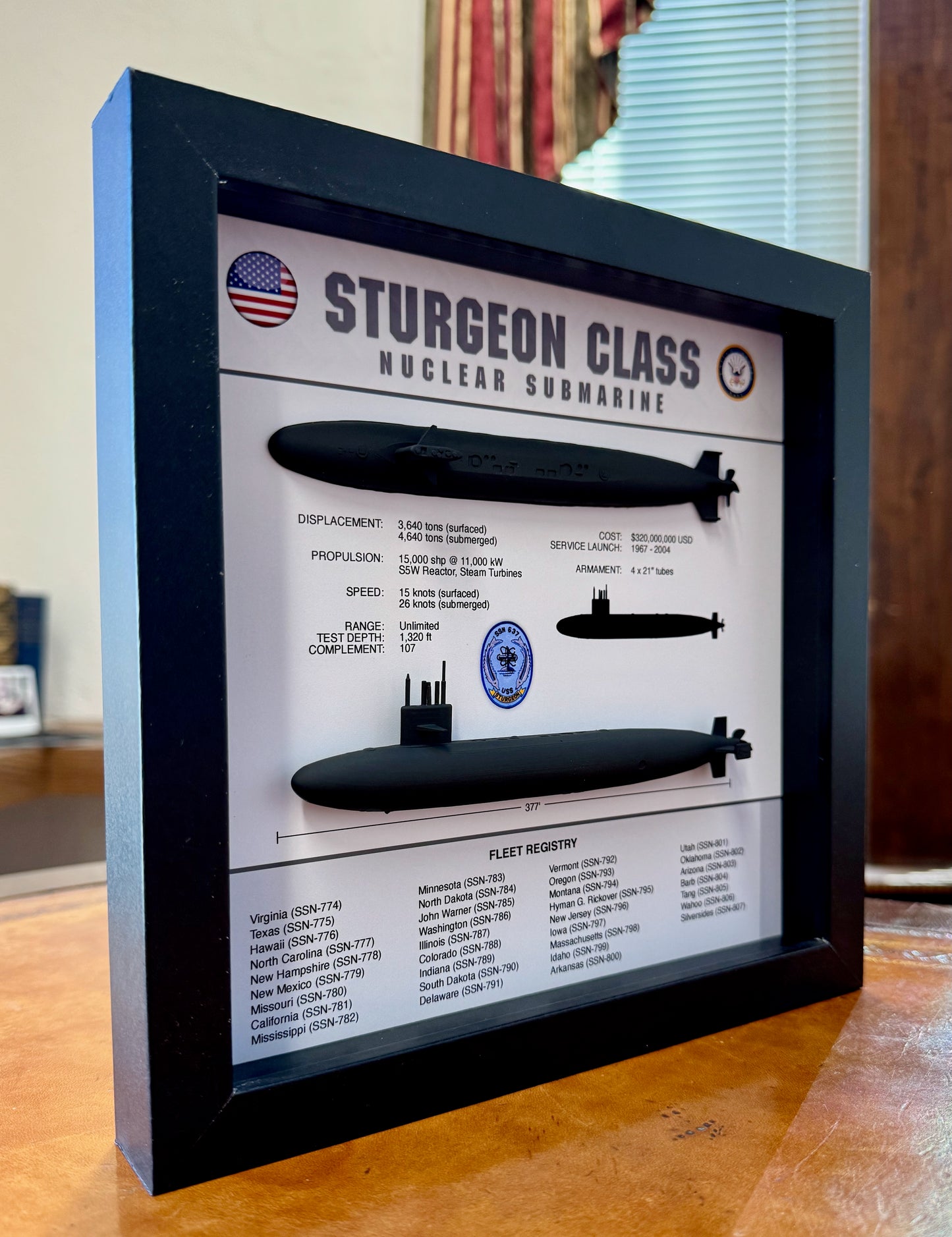 Sturgeon Class Submarine Memorial Display Shadow Box, 9" x 9", Large, Black