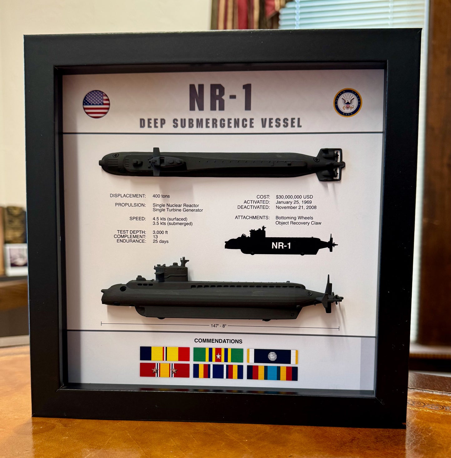 NR-1 Submarine, Deep Submergence Vessel, Memorial Display, Shadow Box, 9" x 9", Black, Large