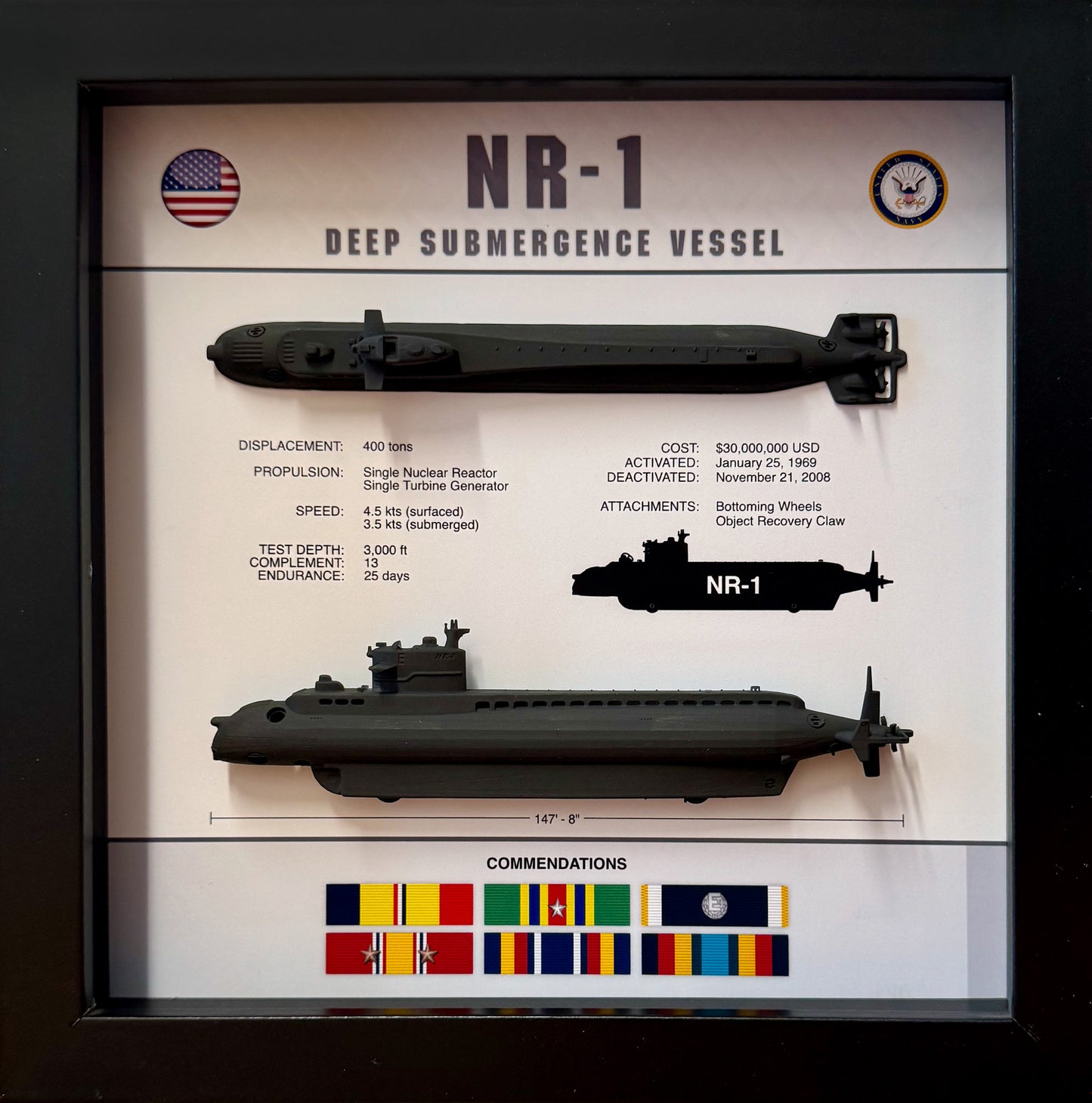 NR-1 Submarine, Deep Submergence Vessel, Memorial Display, Shadow Box, 9" x 9", Black, Large