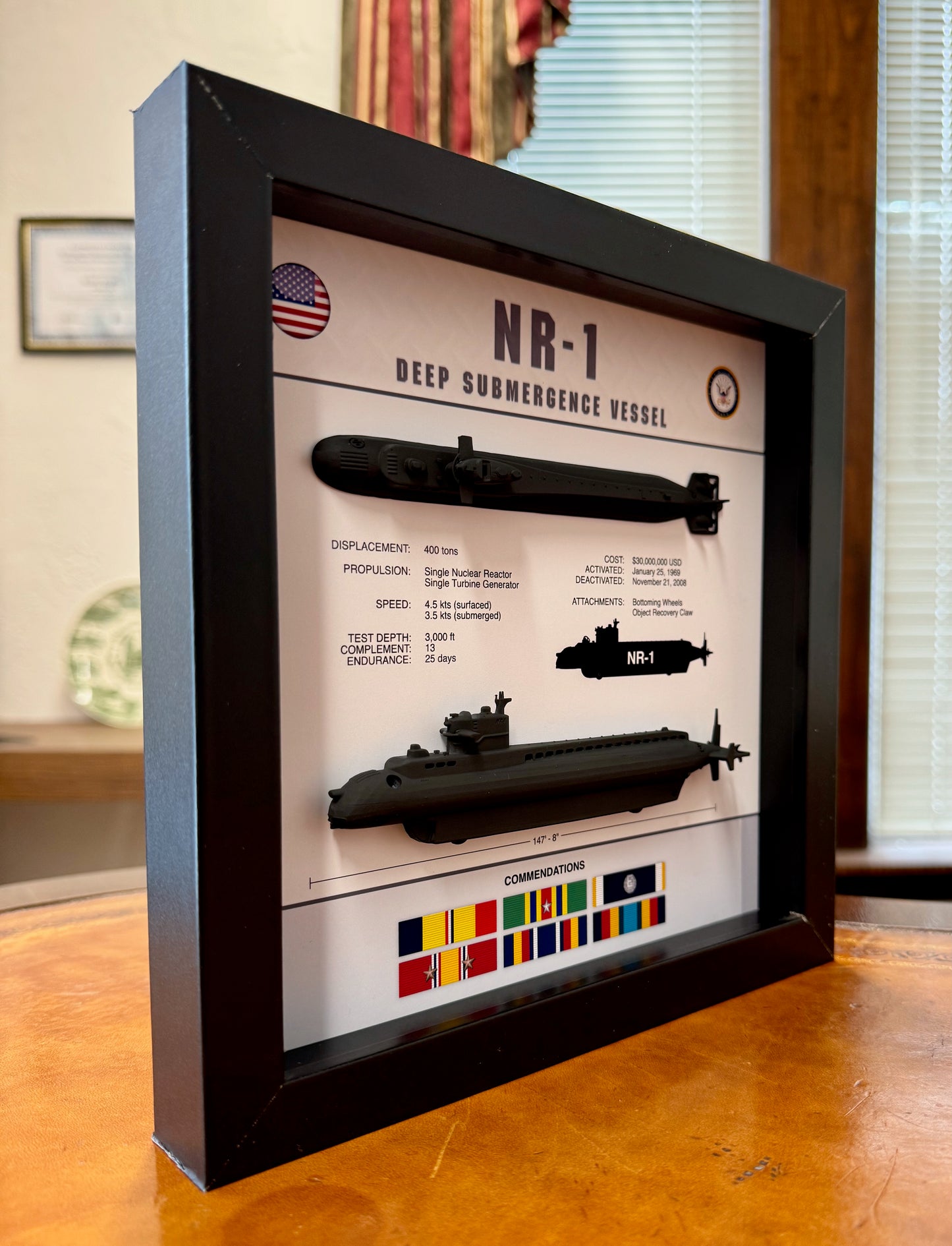 NR-1 Submarine, Deep Submergence Vessel, Memorial Display, Shadow Box, 9" x 9", Black, Large