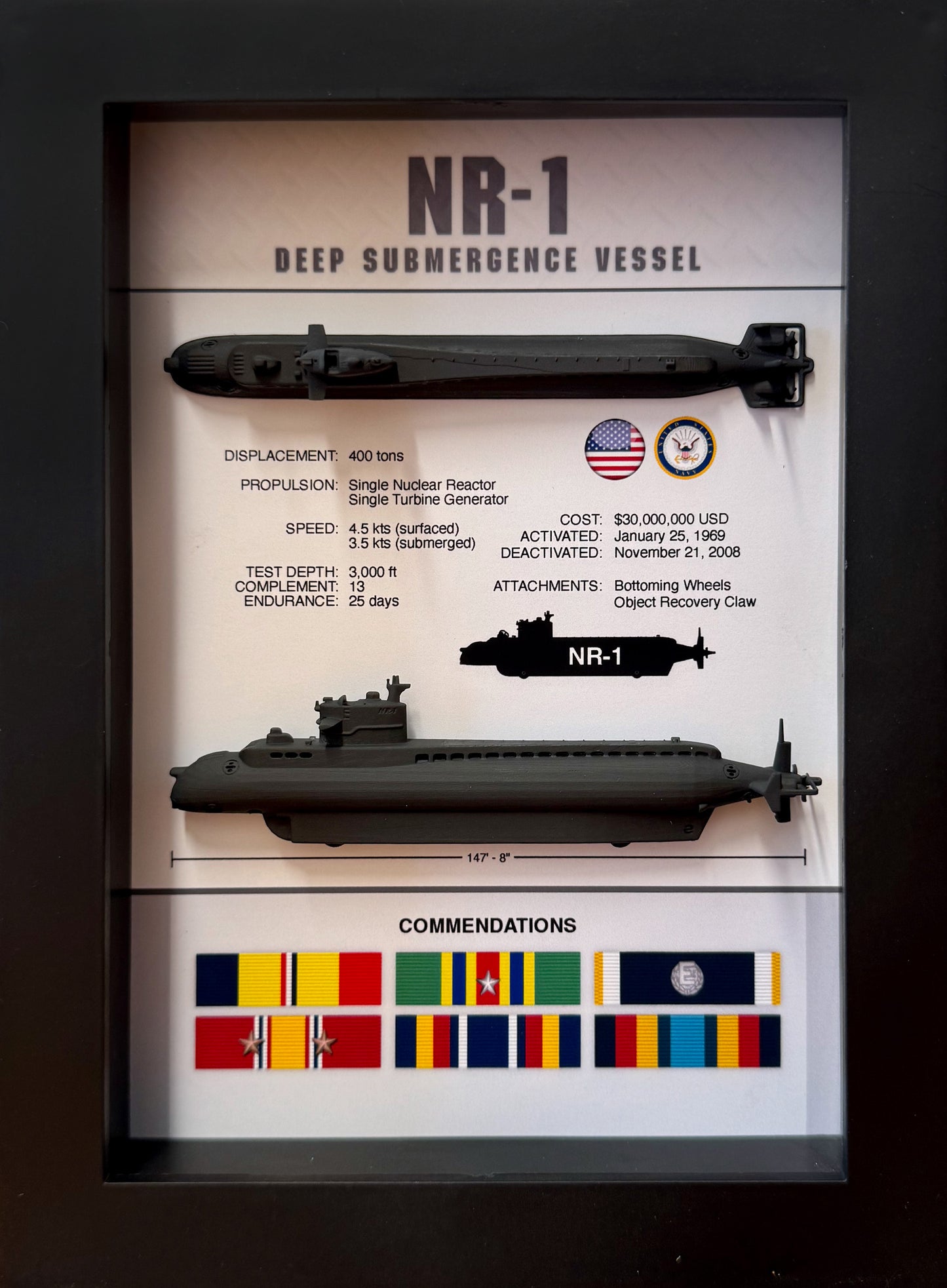 NR-1 Submarine, Deep Submergence Vessel, Memorial Display, Shadow Box, 6" x 8", Black