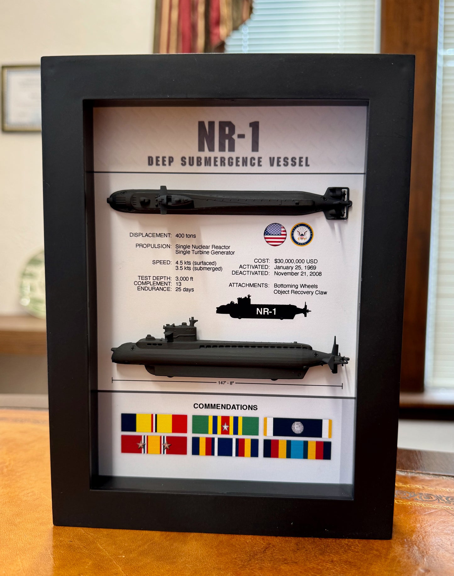 NR-1 Submarine, Deep Submergence Vessel, Memorial Display, Shadow Box, 6" x 8", Black
