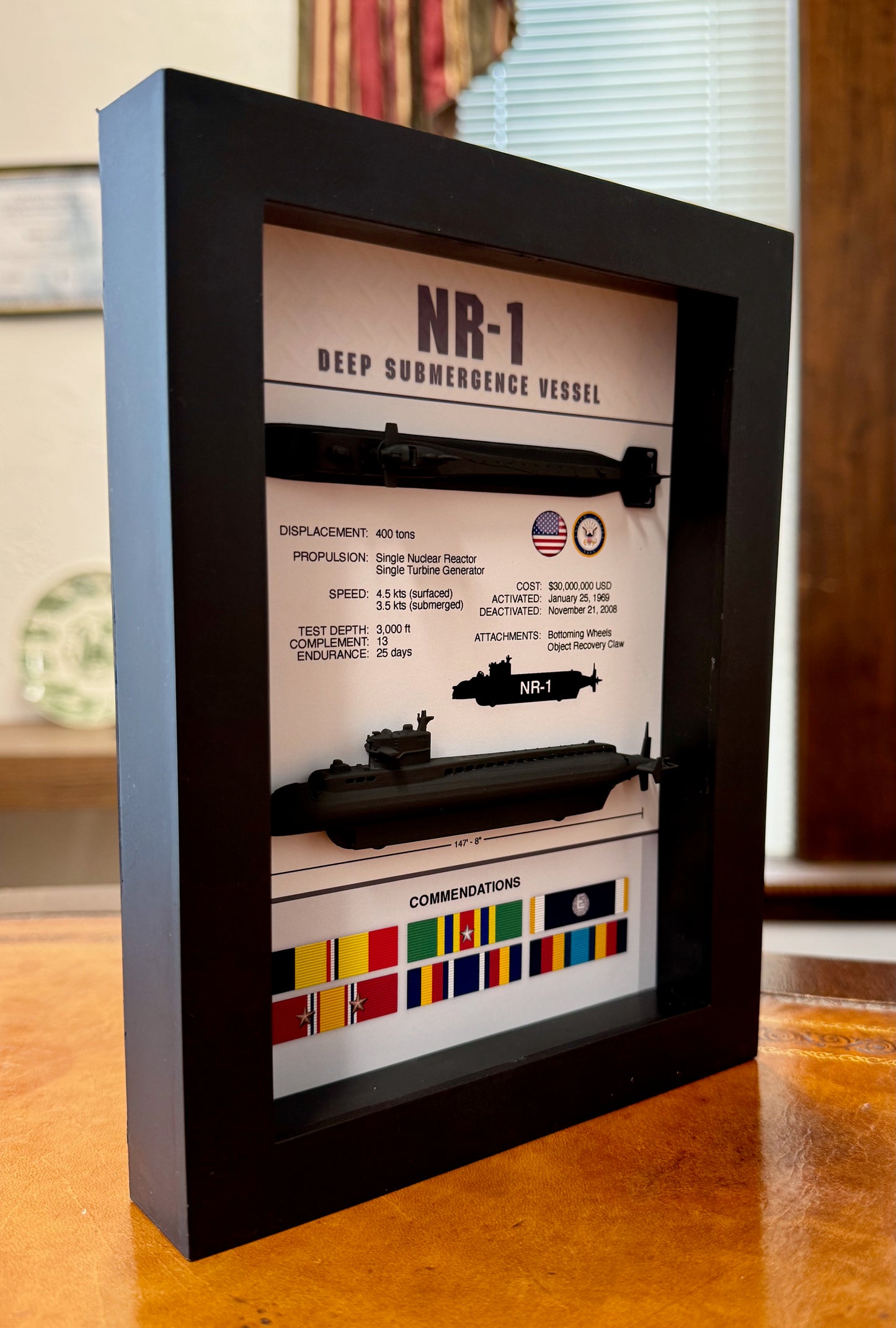 NR-1 Submarine, Deep Submergence Vessel, Memorial Display, Shadow Box, 6" x 8", Black