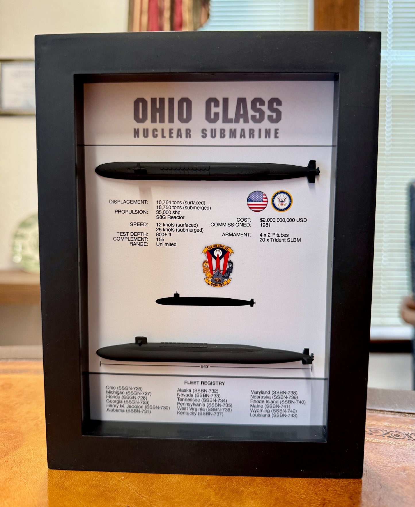 Ohio Class Submarine Memorial Display Shadow Box, 6" x 8", Black