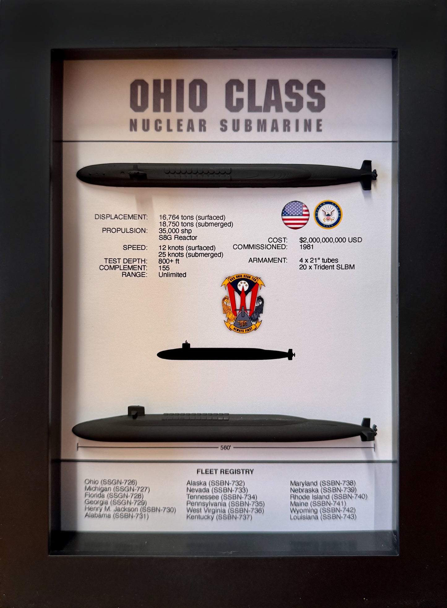 Ohio Class Submarine Memorial Display Shadow Box, 6" x 8", Black