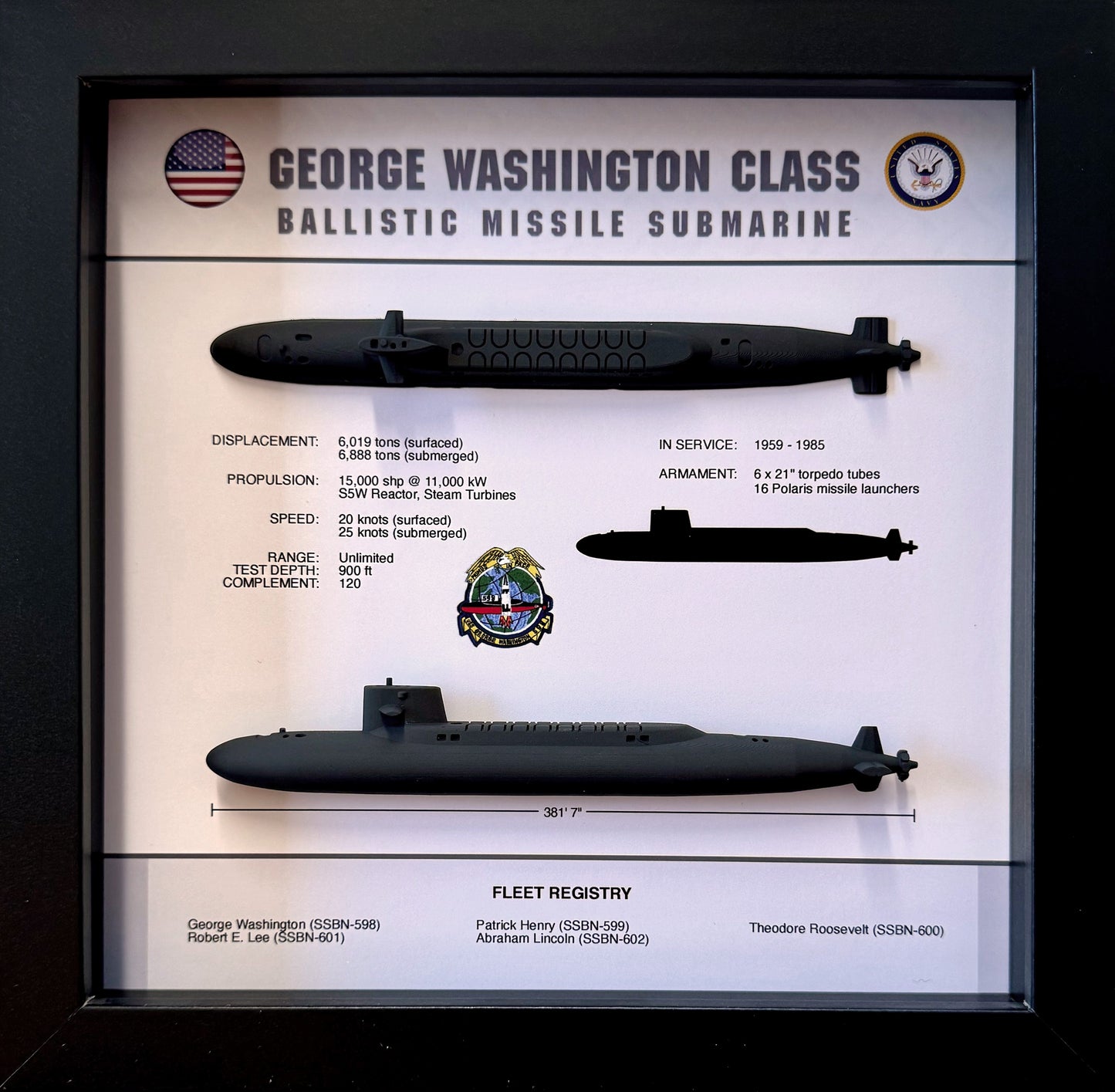 George Washington Class Submarine Memorial Display Shadow Box, 9" x 9", Large, Black