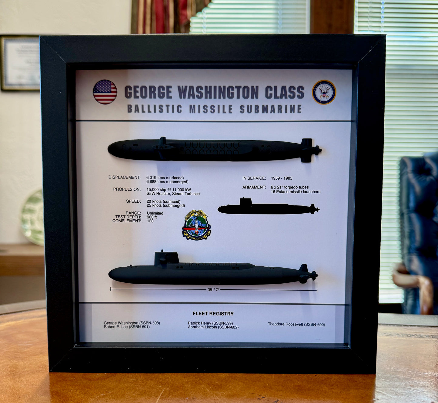 George Washington Class Submarine Memorial Display Shadow Box, 9" x 9", Large, Black
