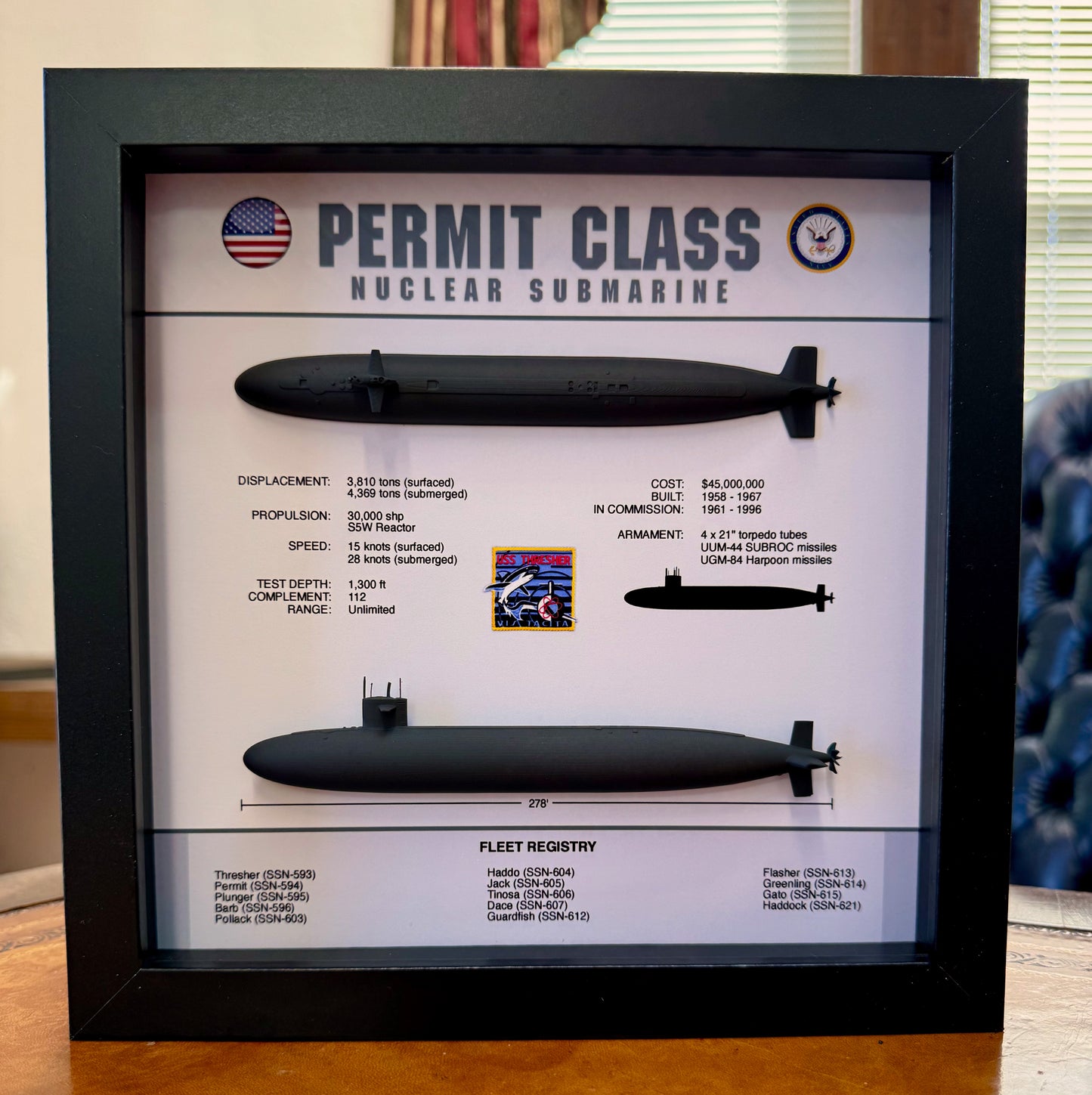 Permit Class Submarine Memorial Display Shadow Box, Thresher Class, 9" x 9", Black
