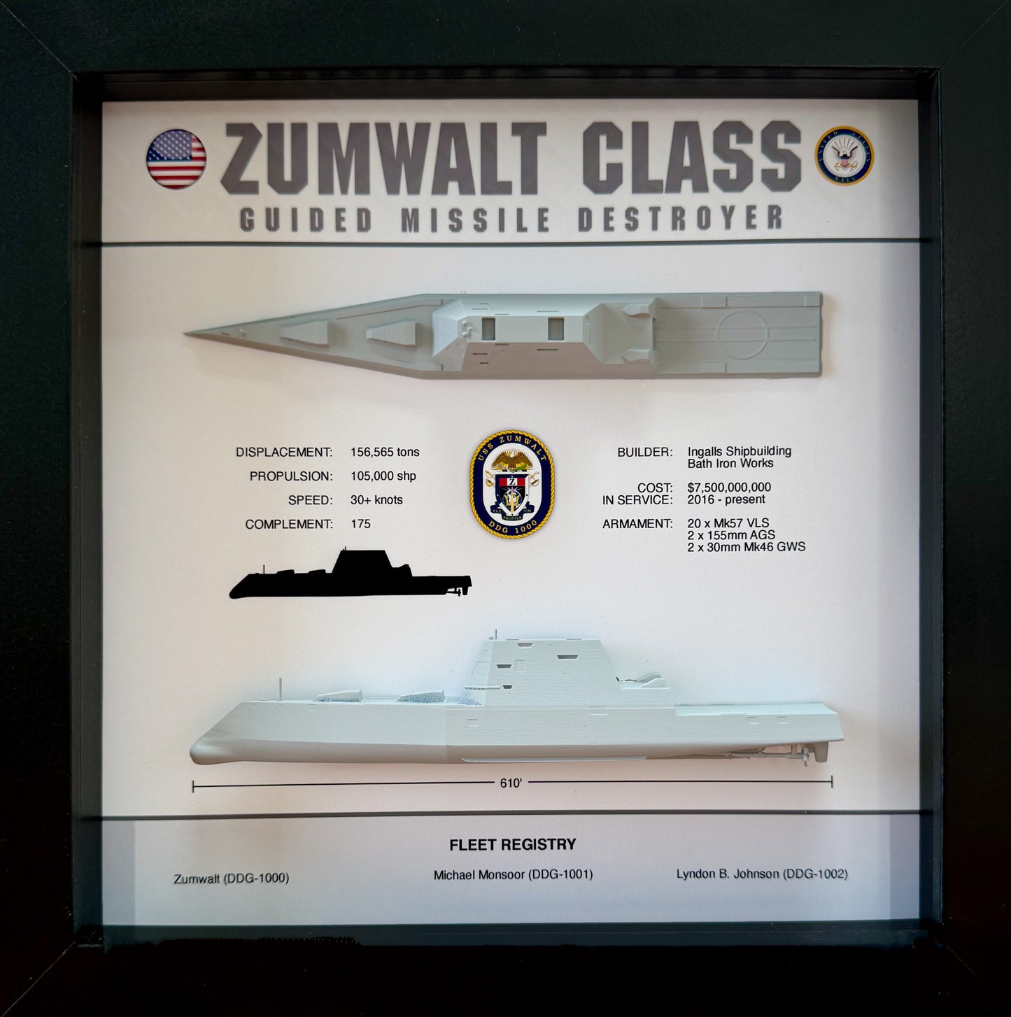 Zumwalt Class, Guided Missile Destroyer Memorial Display Shadow Box, 9" x 9", Black