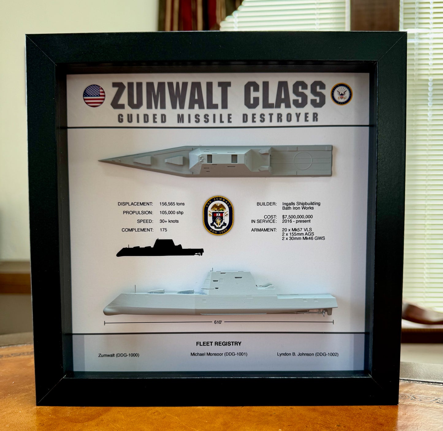 Zumwalt Class, Guided Missile Destroyer Memorial Display Shadow Box, 9" x 9", Black