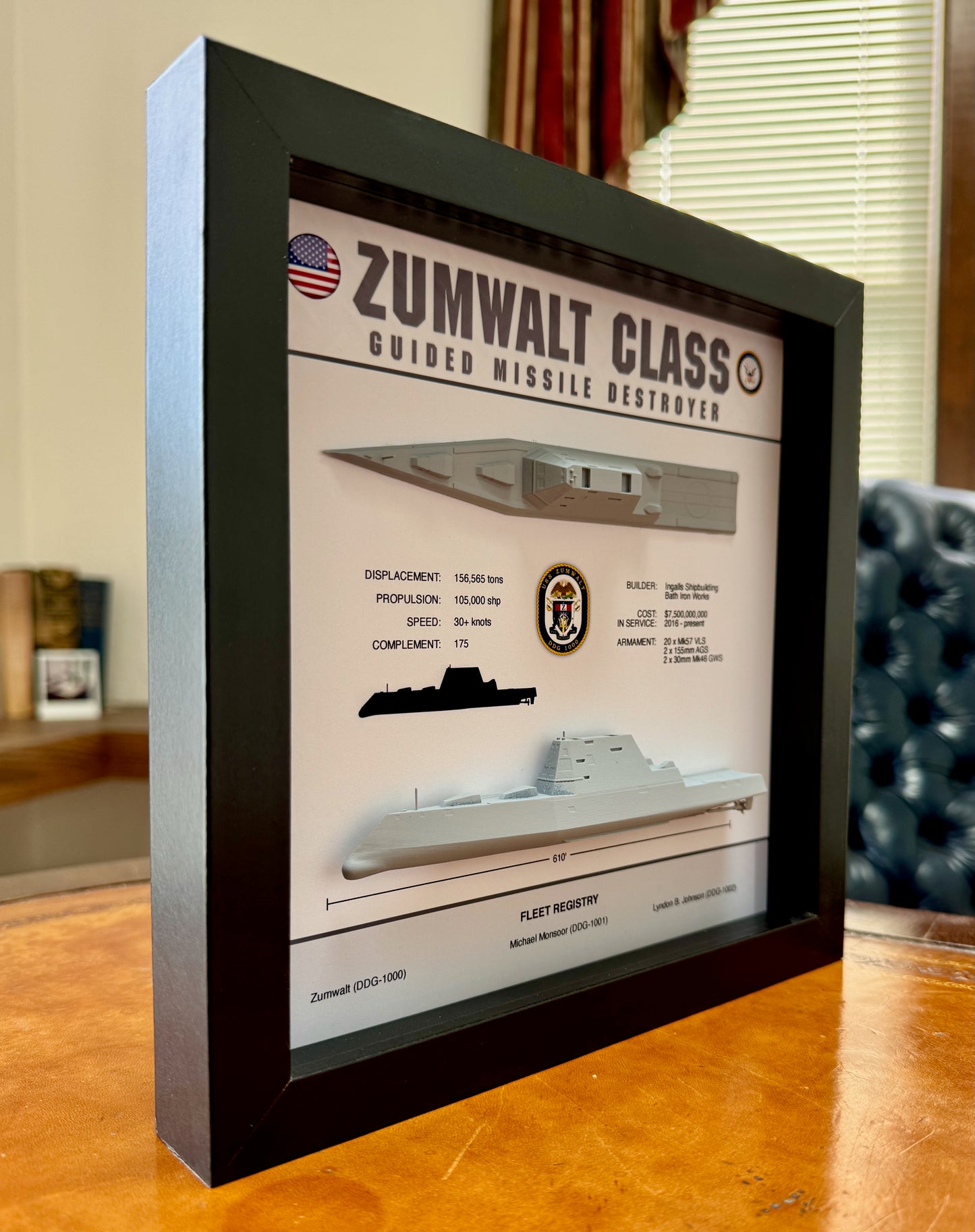 Zumwalt Class, Guided Missile Destroyer Memorial Display Shadow Box, 9" x 9", Black