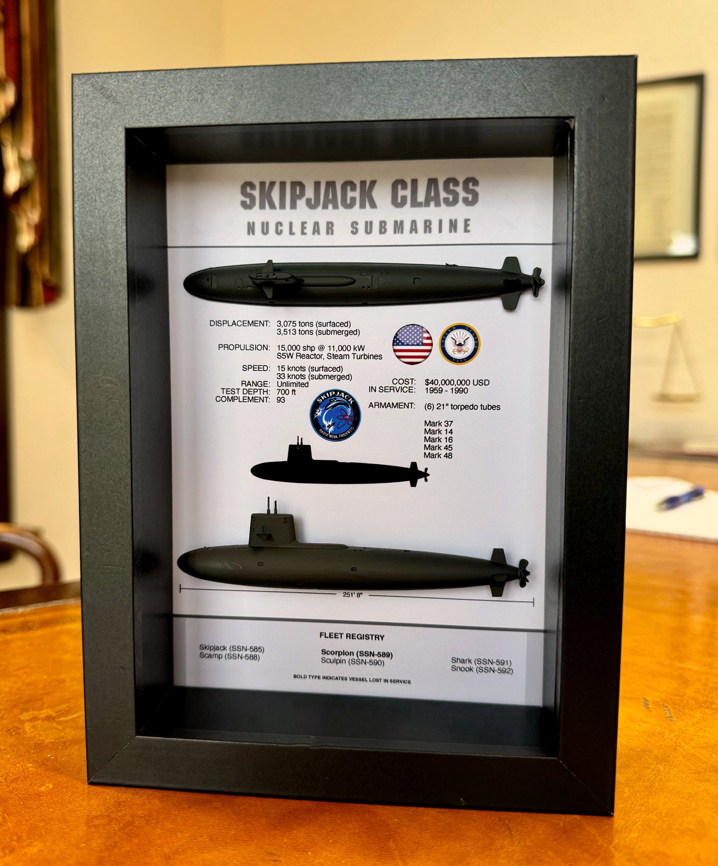 Skipjack Class Submarine Memorial Display Shadow Box, 6" x 8", Black