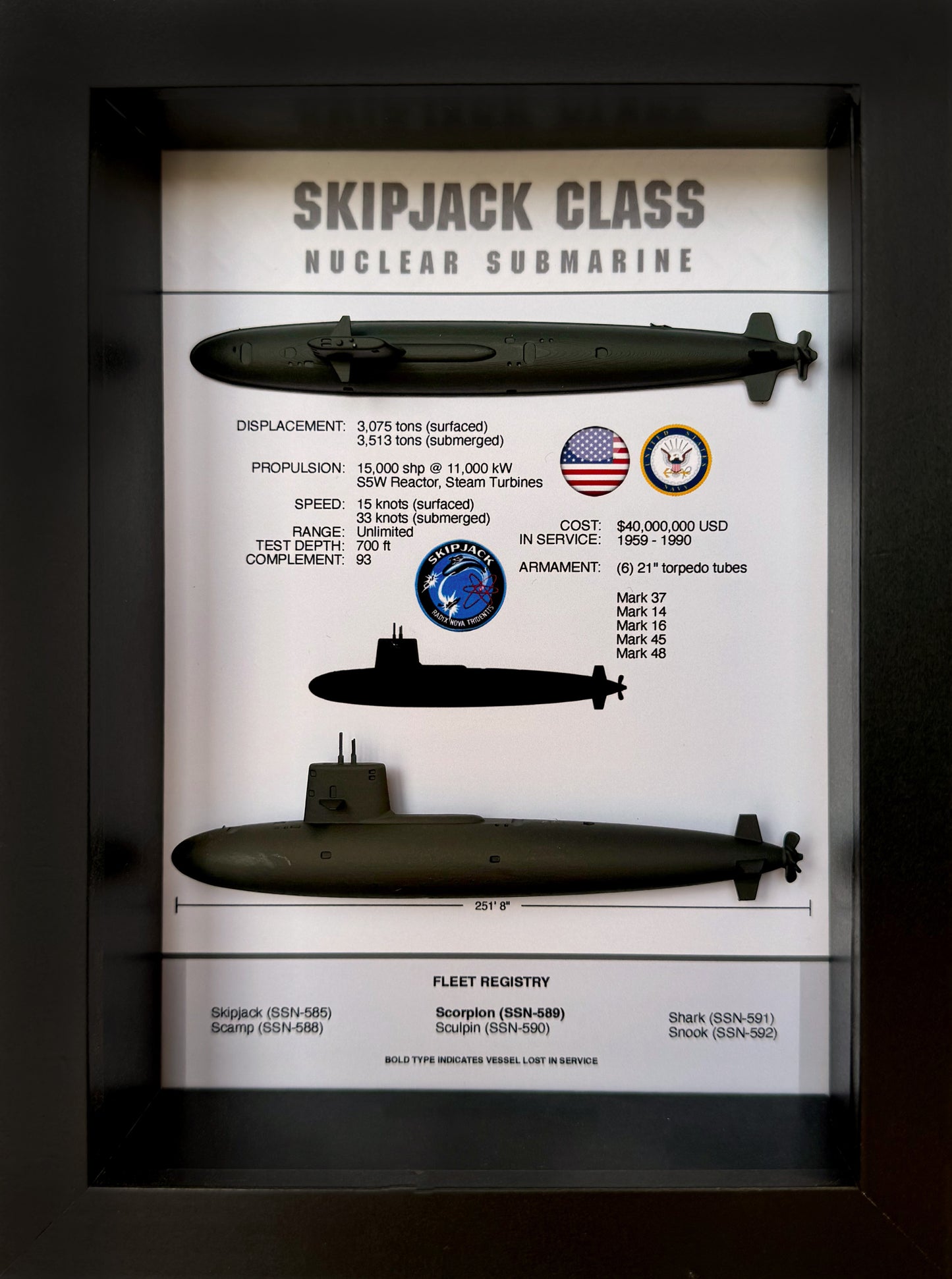 Skipjack Class Submarine Memorial Display Shadow Box, 6" x 8", Black