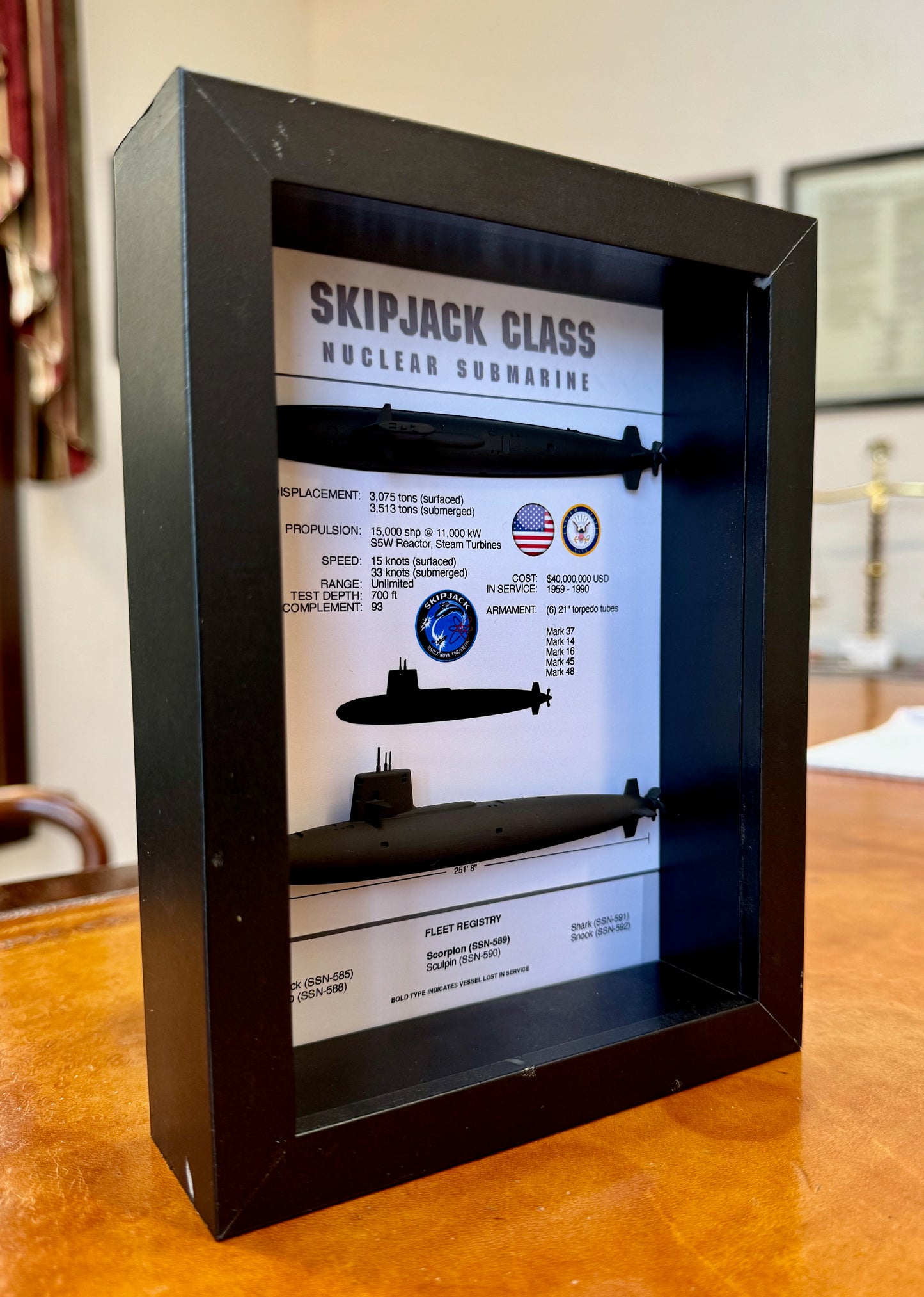Skipjack Class Submarine Memorial Display Shadow Box, 6" x 8", Black