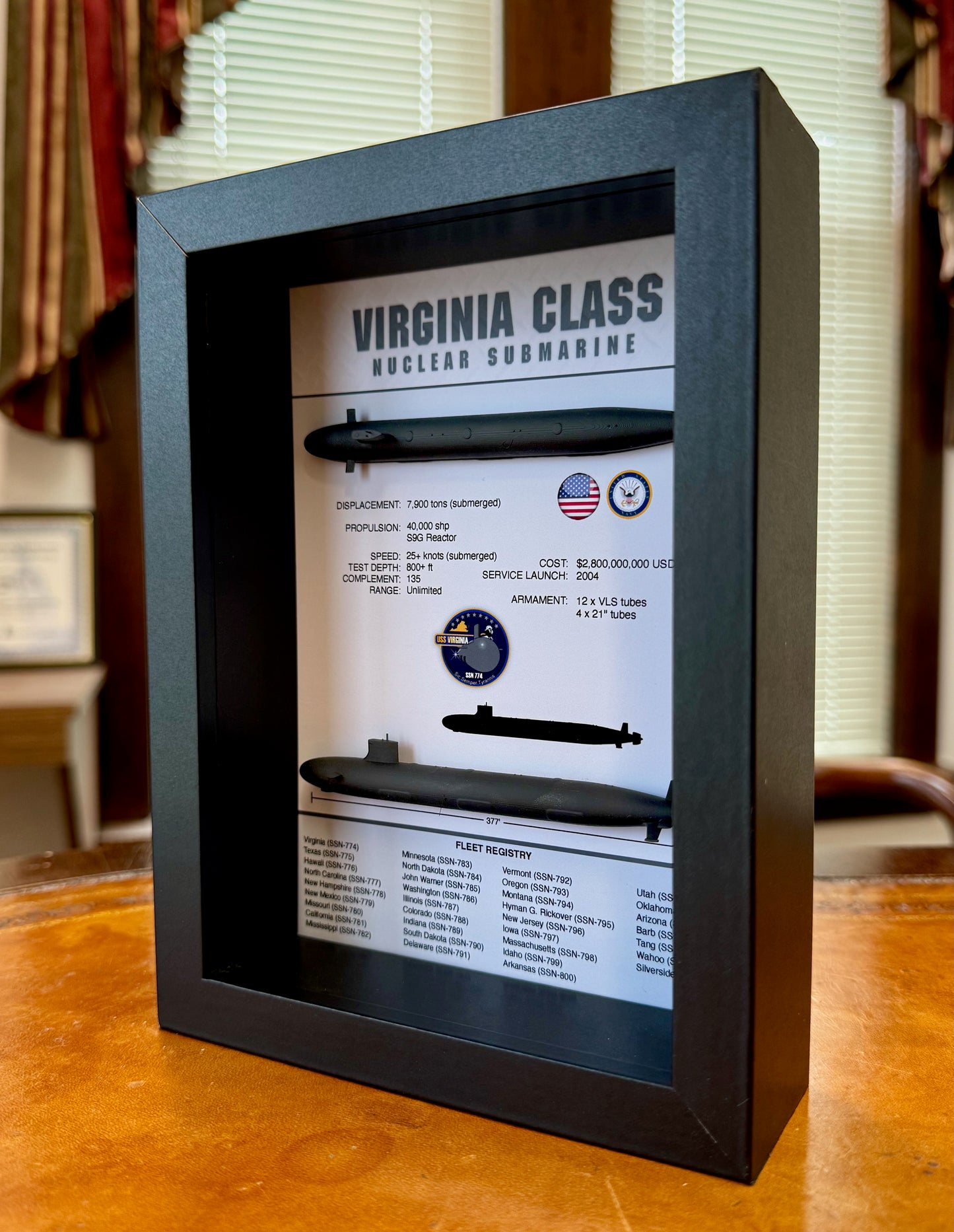 Virginia Class Submarine Memorial Display Shadow Box, SSN-774, 6" x 8", Black
