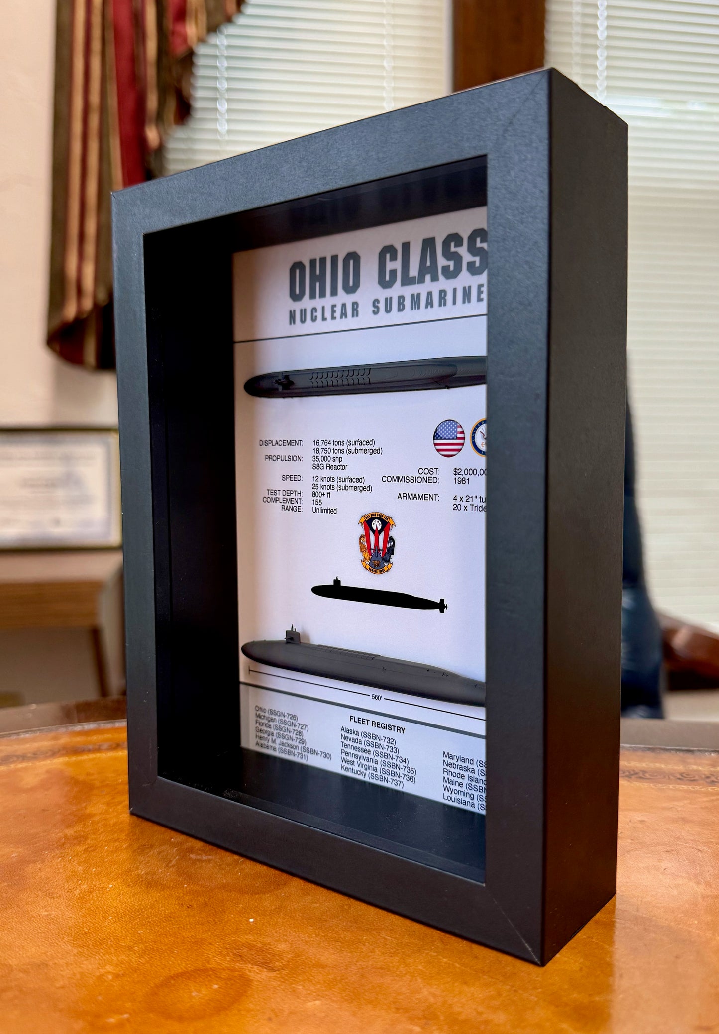 Ohio Class Submarine Memorial Display Shadow Box, 6" x 8", Black