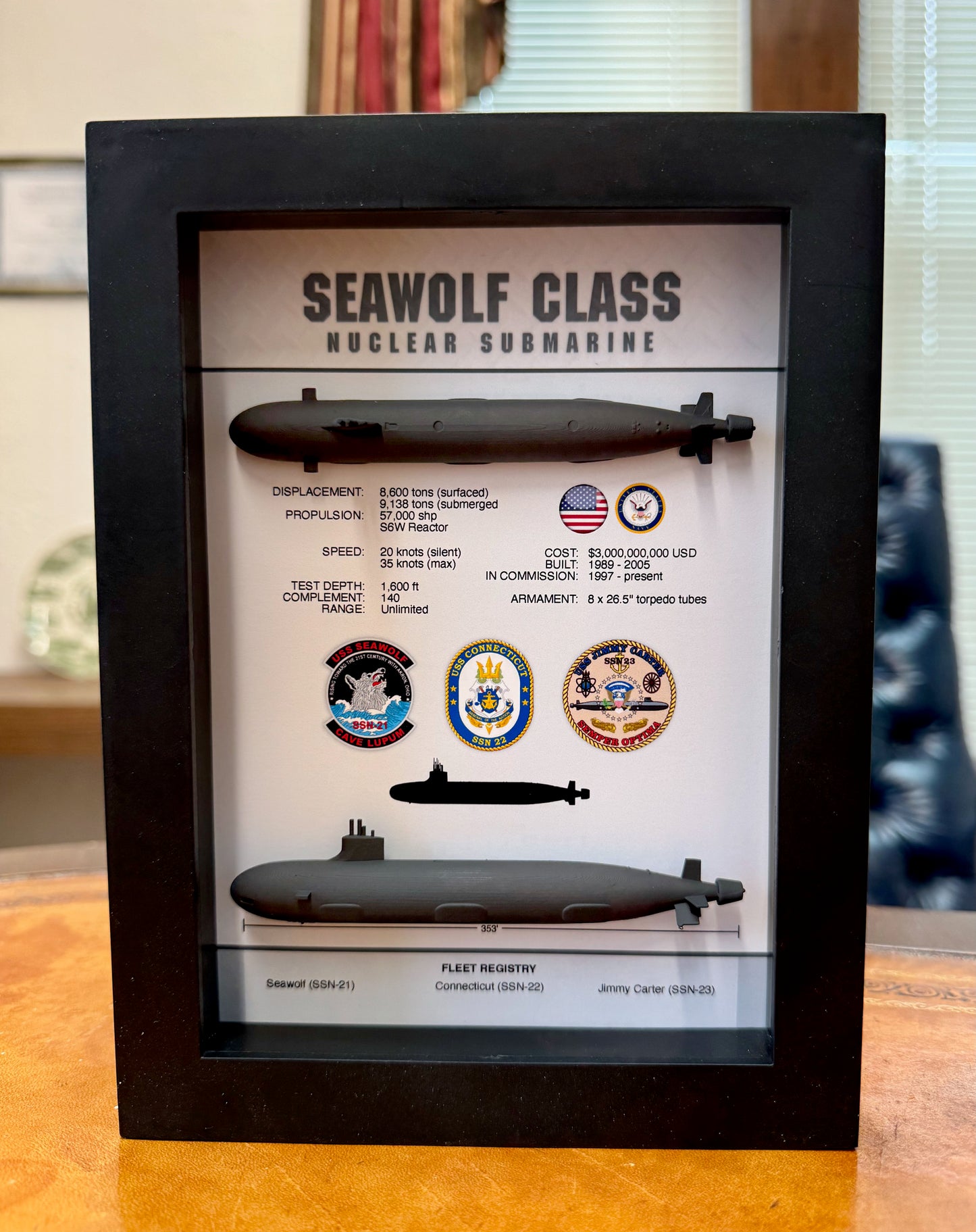 Seawolf Class Submarine Memorial Display Shadow Box, 6" x 8", Black