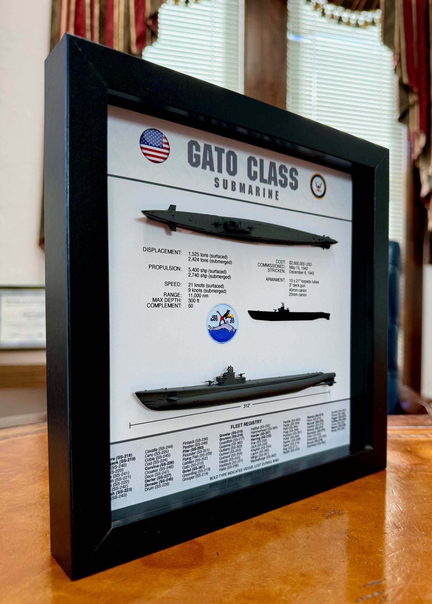 Gato Class Submarine Memorial Display Shadow Box, 9" x 9", Black, Large