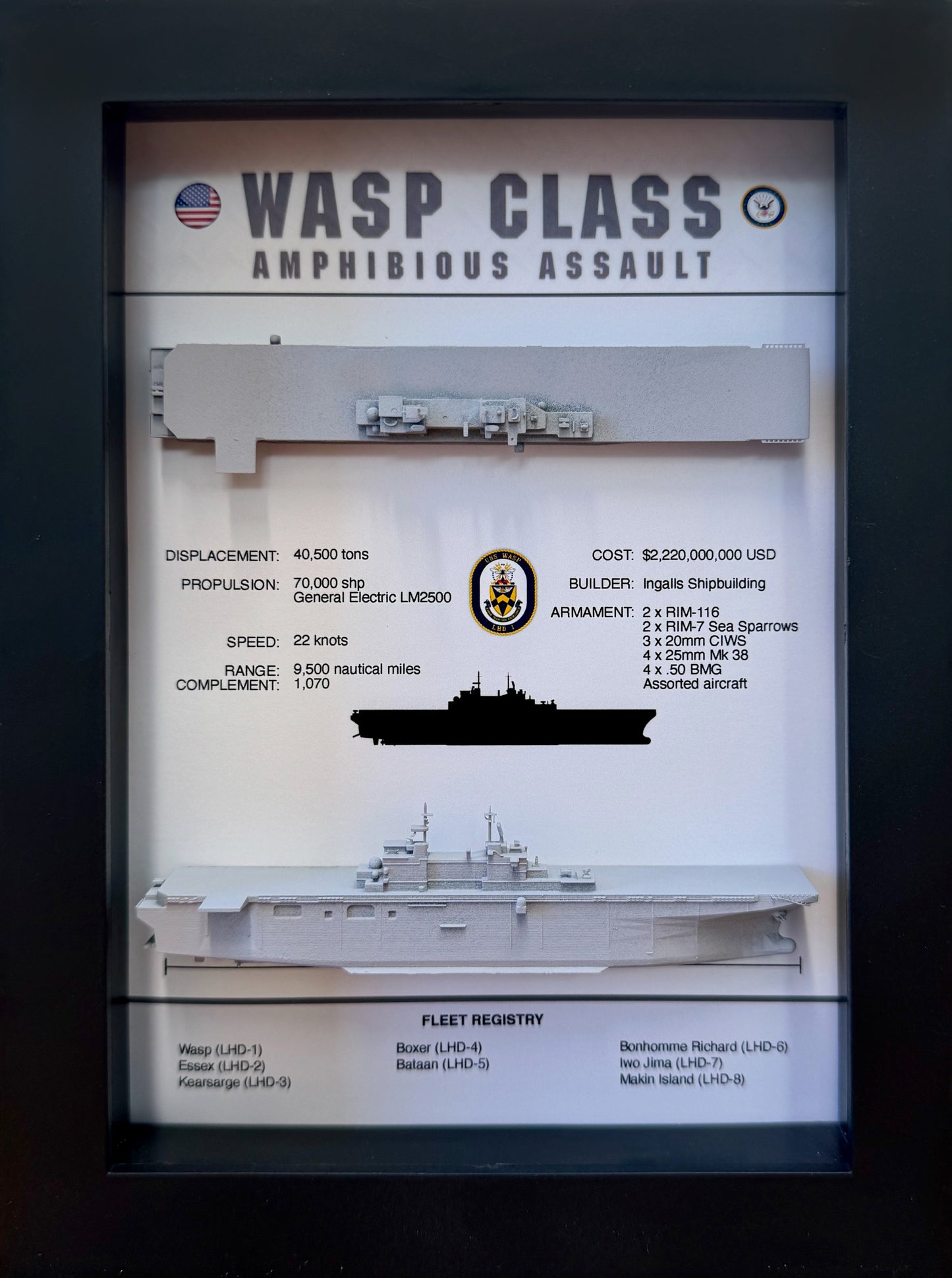 Wasp Class Amphibious Assault Vessel Memorial Display Shadow Box, 6" x 8", Black