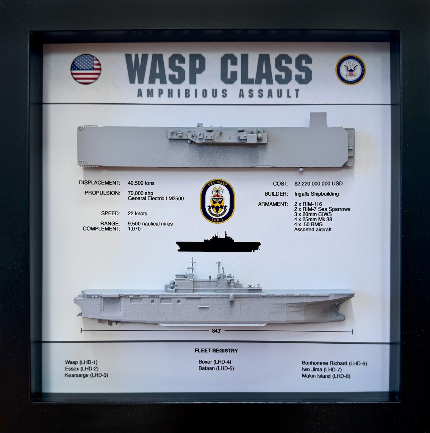 Wasp Class Amphibious Assault Vessel Memorial Display Shadow Box, 9" x 9", Black