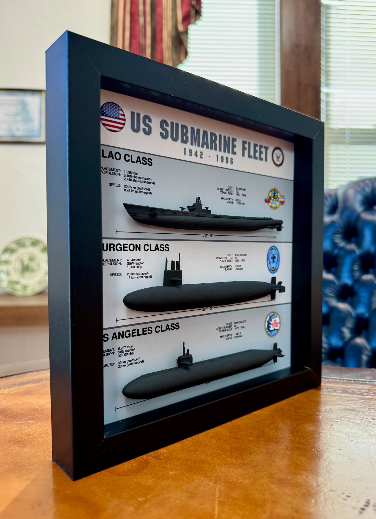 US Submarine Fleet Shadow Box Display, Balao, Sturgeon, Los Angeles, WW2, 9" x 9", Large