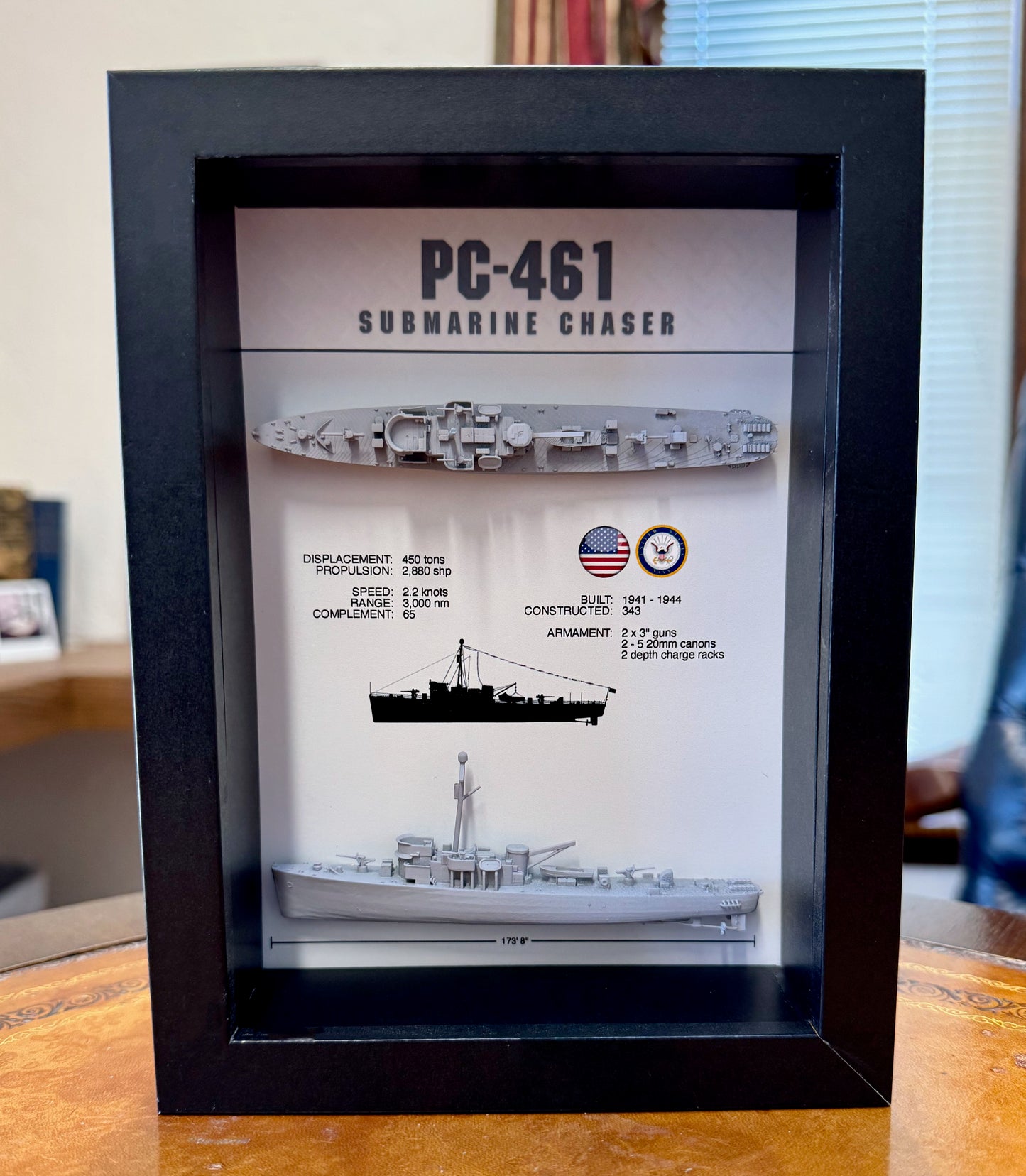 PC-461 Class Submarine Chaser Display Shadow Box, WW2, 6" x 8", Black