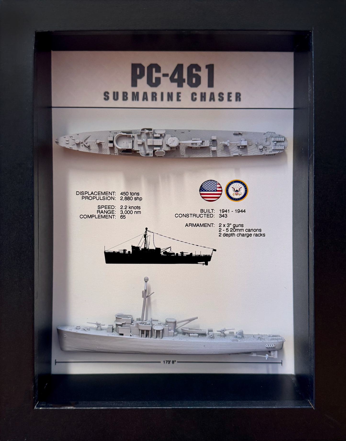 PC-461 Class Submarine Chaser Display Shadow Box, WW2, 6" x 8", Black