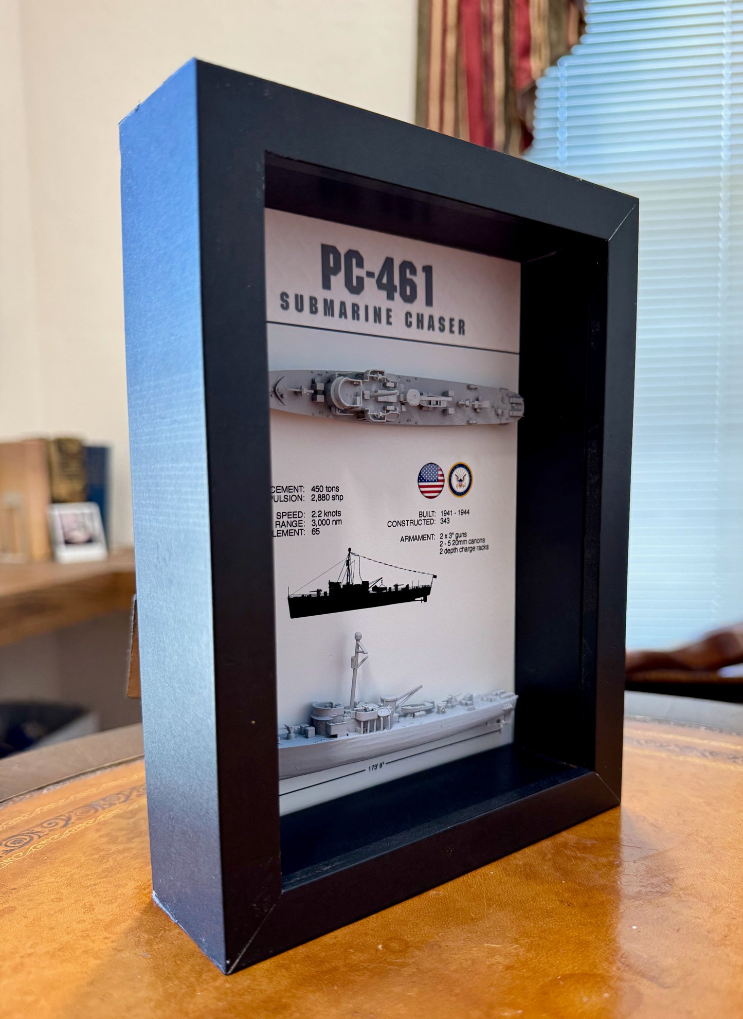 PC-461 Class Submarine Chaser Display Shadow Box, WW2, 6" x 8", Black