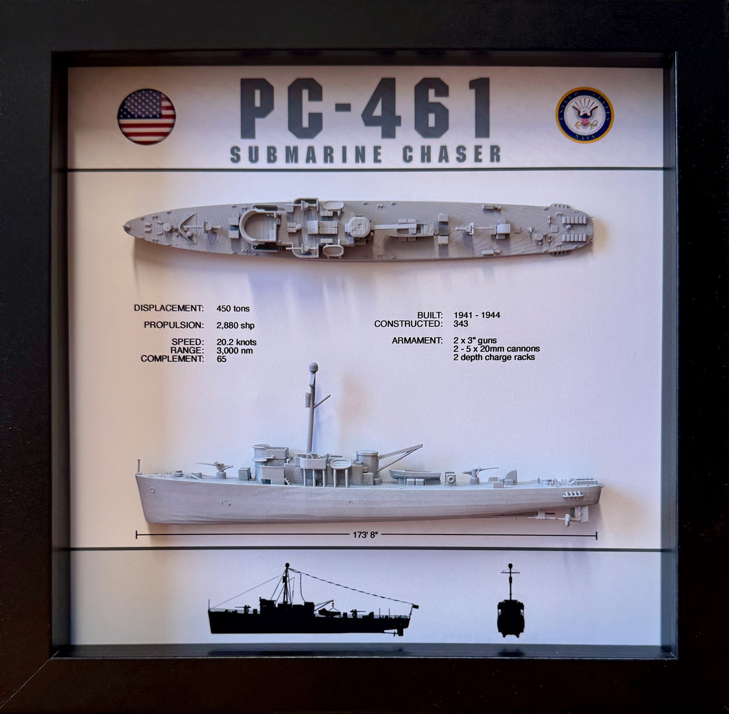 PC-461 Class Submarine Chaser Display Shadow Box, WW2, 9" x 9"
