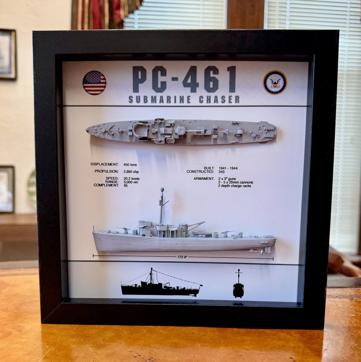 PC-461 Class Submarine Chaser Display Shadow Box, WW2, 9" x 9"