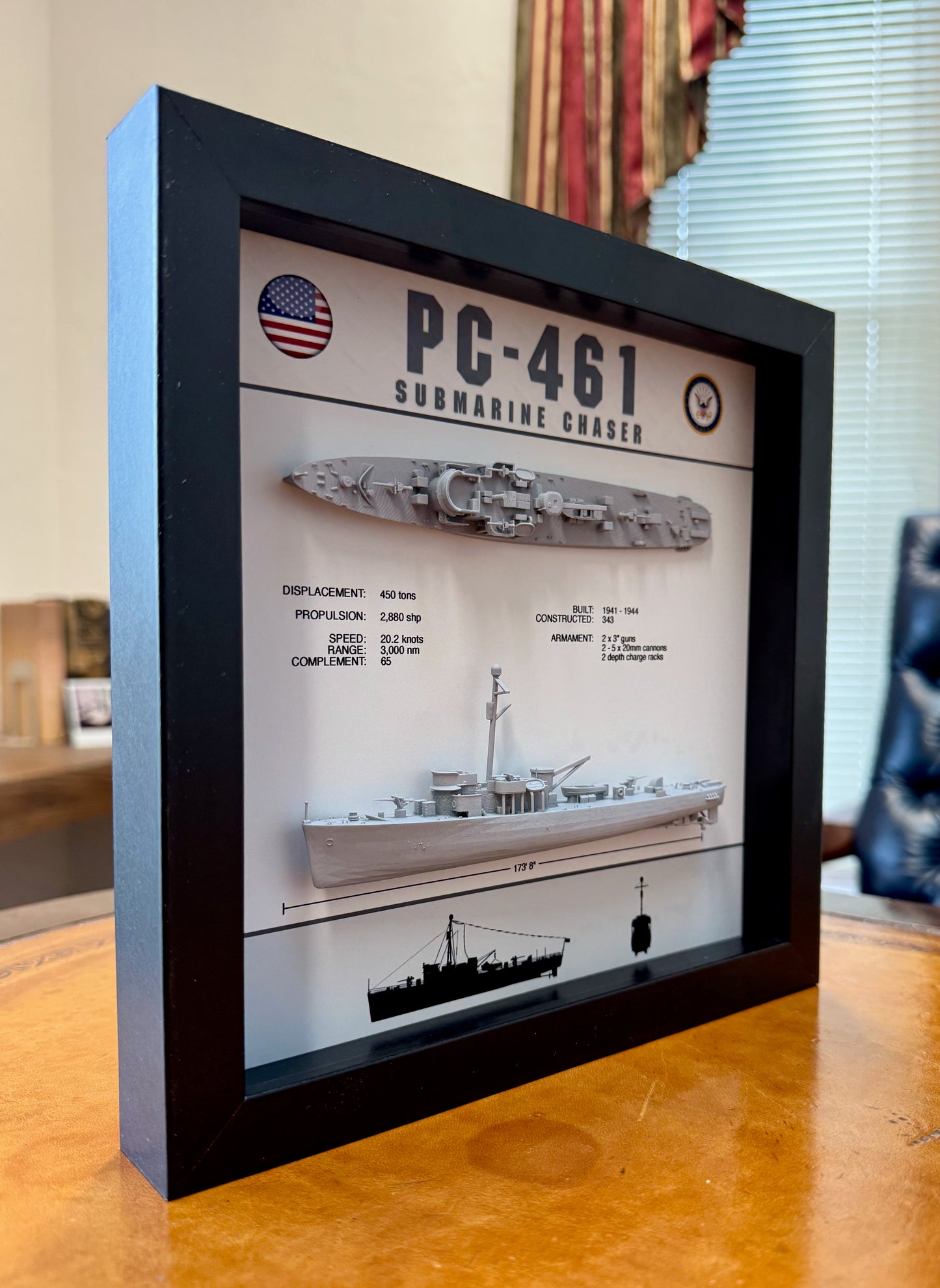PC-461 Class Submarine Chaser Display Shadow Box, WW2, 9" x 9"
