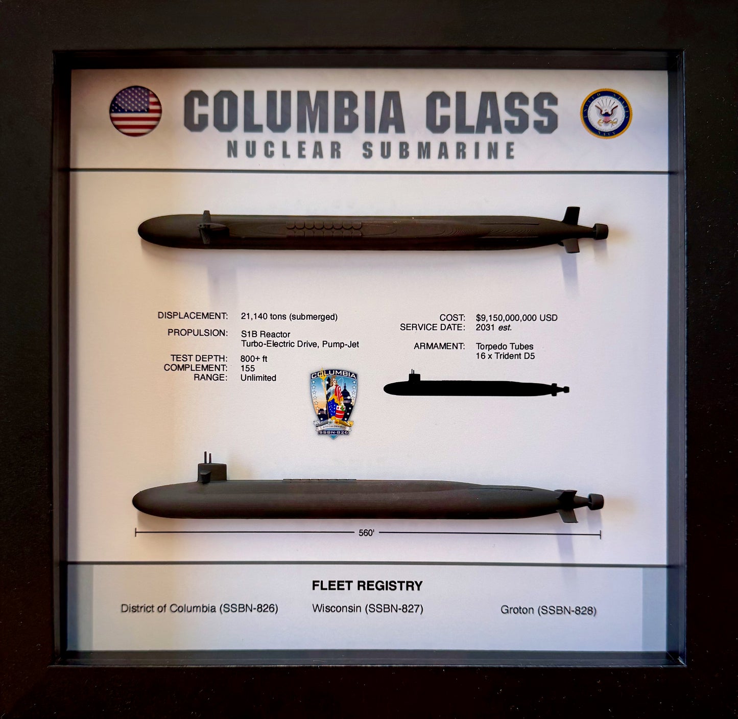 Columbia Class Submarine Memorial Display Shadow Box, 9" x 9", Large, Black