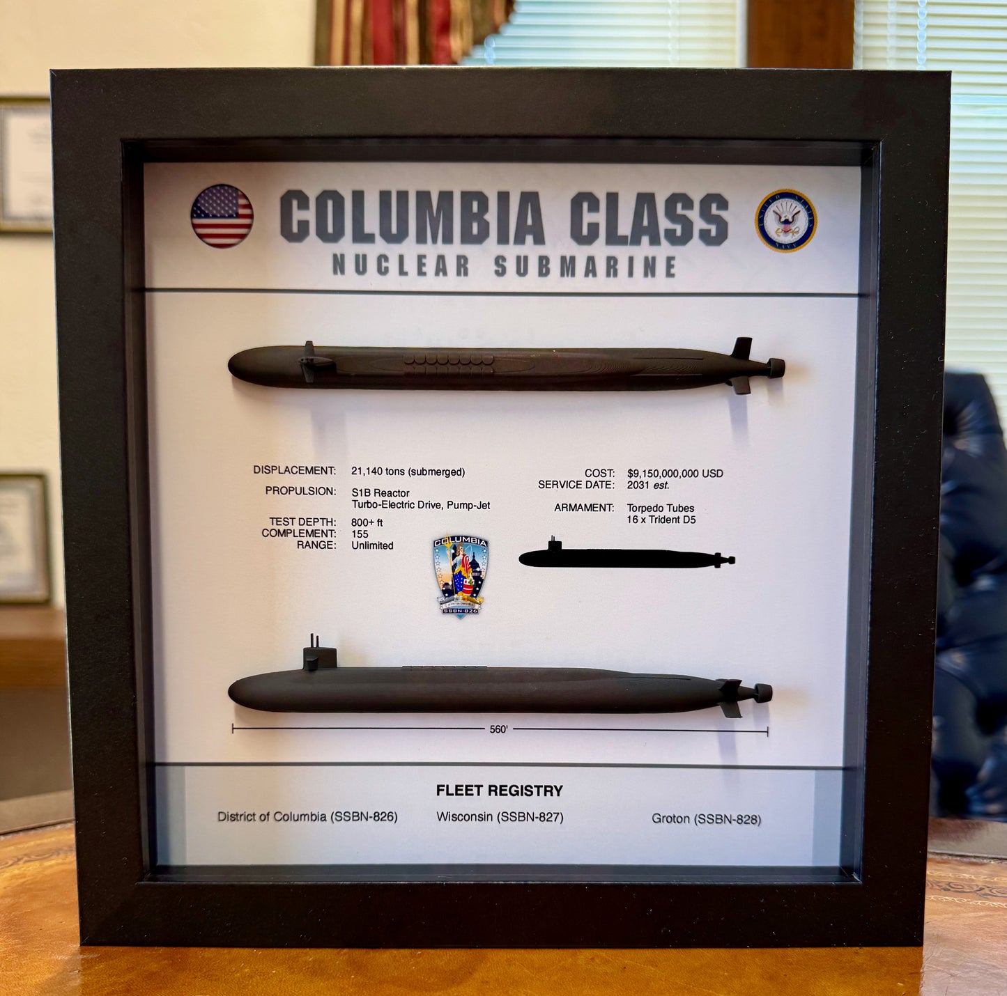 Columbia Class Submarine Memorial Display Shadow Box, 9" x 9", Large, Black