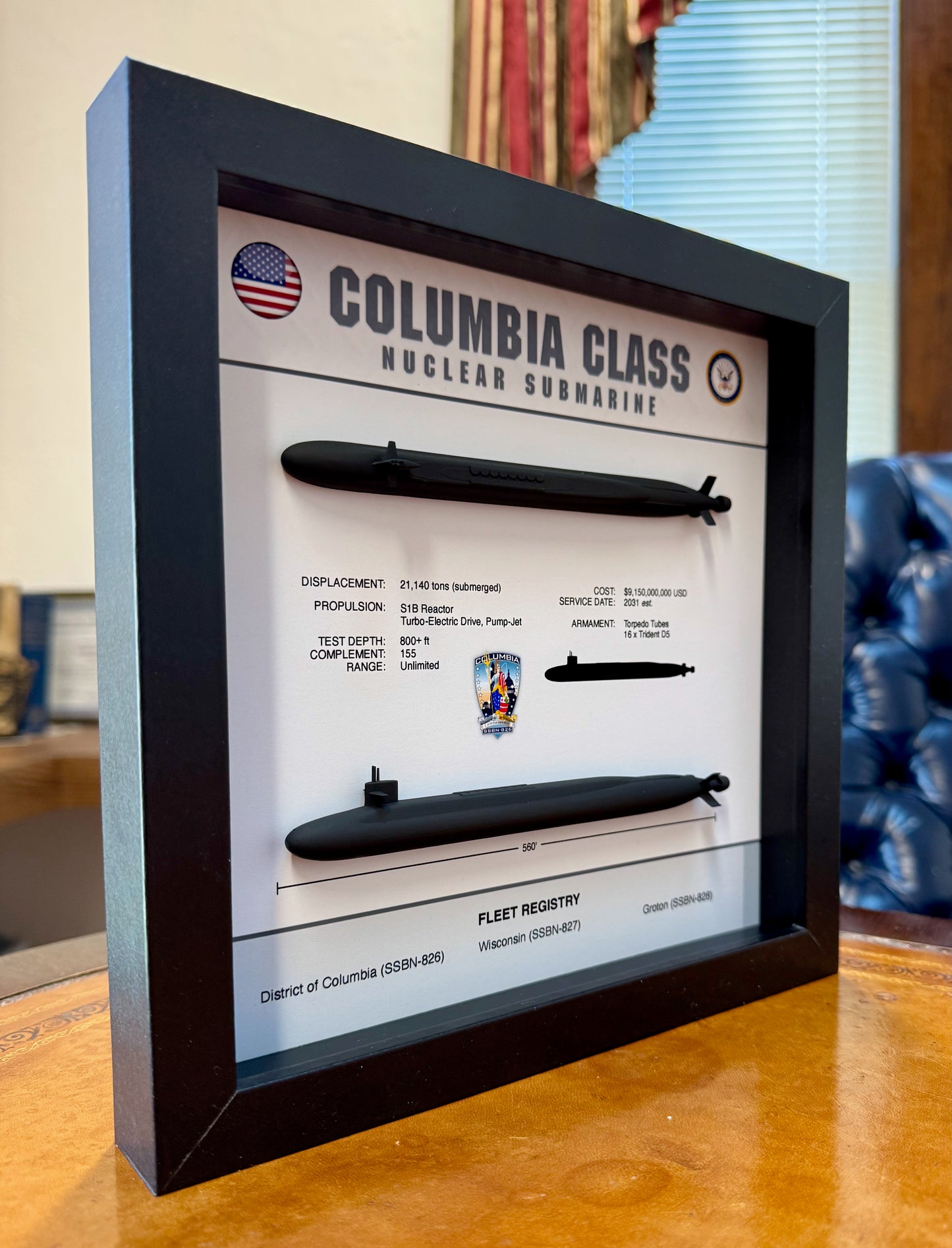 Columbia Class Submarine Memorial Display Shadow Box, 9" x 9", Large, Black