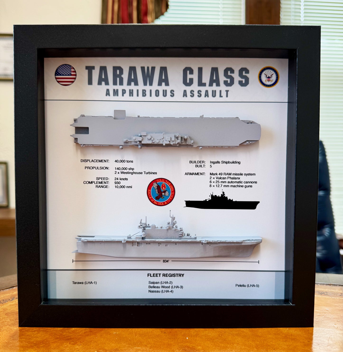 Tarawa Class Amphibious Assault Vessel, Memorial Display Shadow Box, 9" x 9"