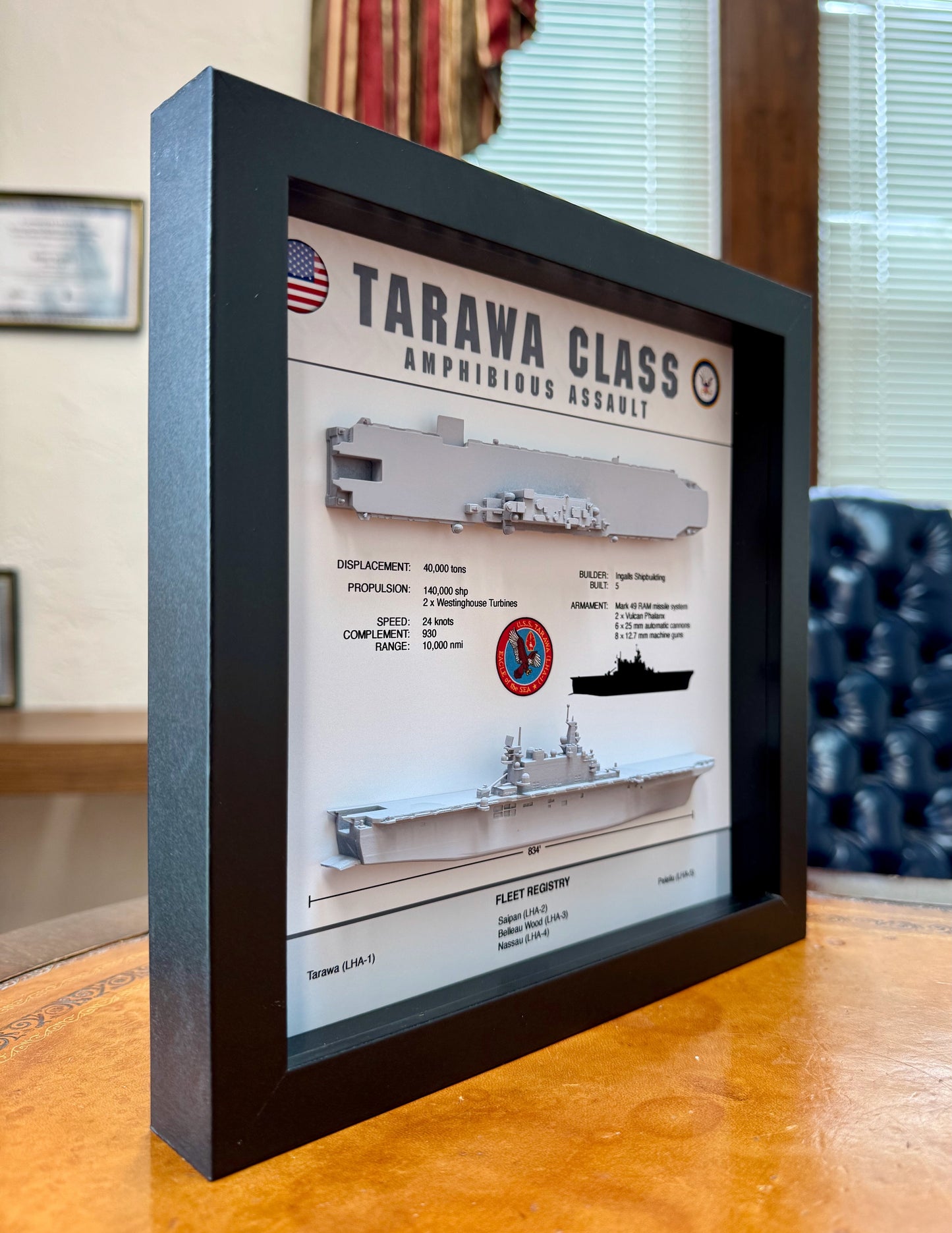 Tarawa Class Amphibious Assault Vessel, Memorial Display Shadow Box, 9" x 9"